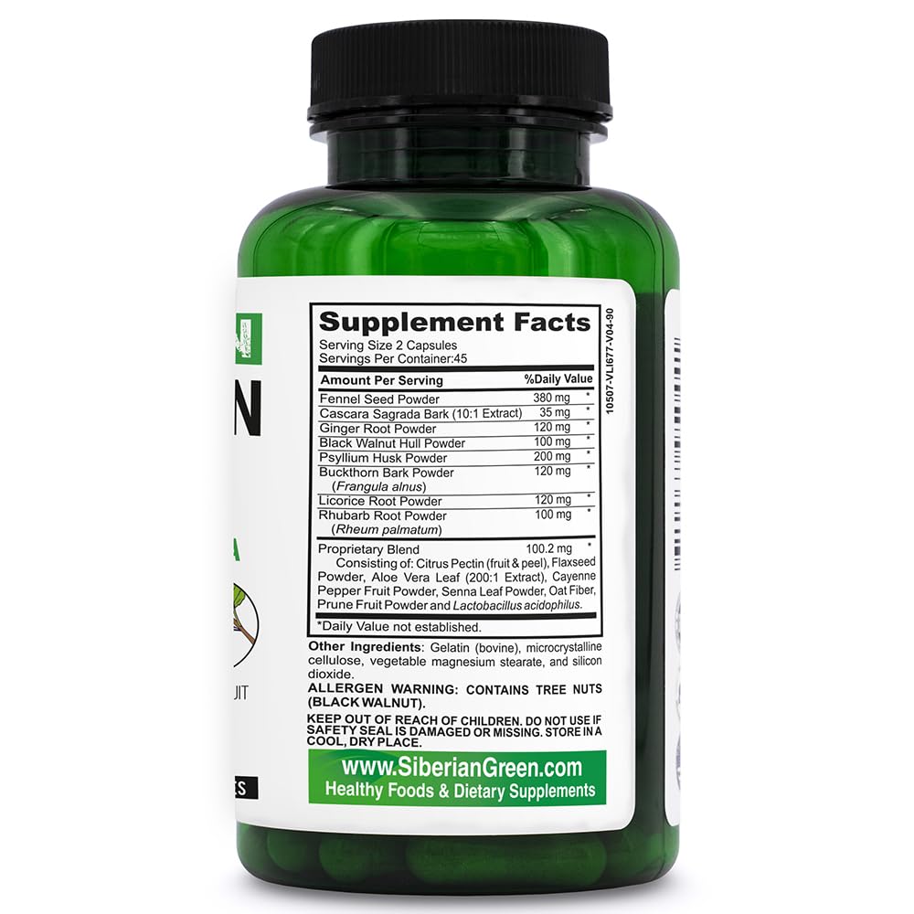 Siberian Green Herbal Colon Detox with Senna Buckthorn Prune Fruit 90 Capsules
