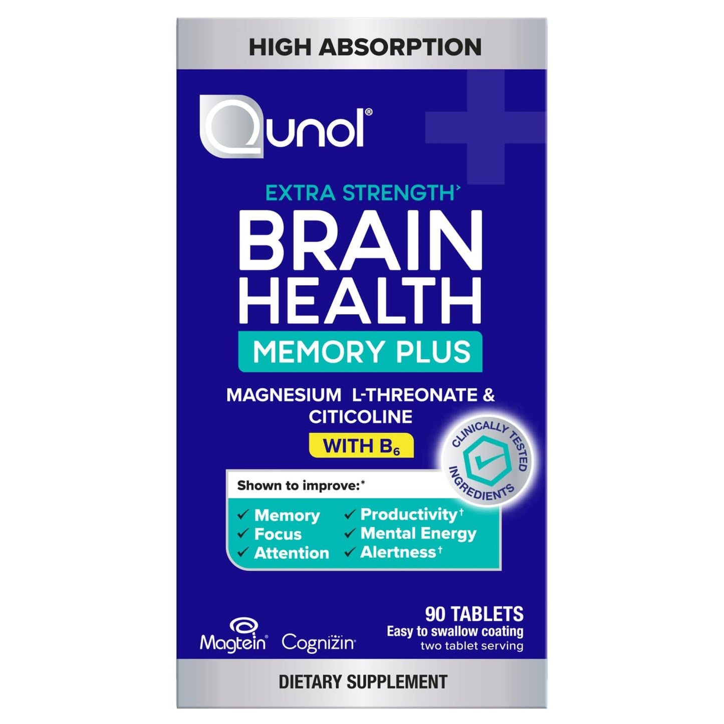 Qunol Brain Health Memory Plus with Magtein, Cognizin & Vitamin B6 90 Tablets
