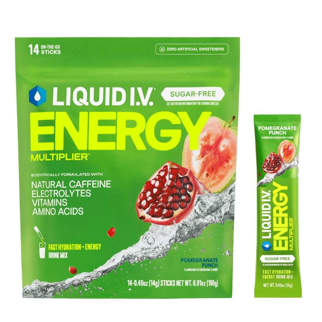 Liquid I.V. Sugar Free + Energy Electrolytes Pomegranate Punch Powder, 14 Count