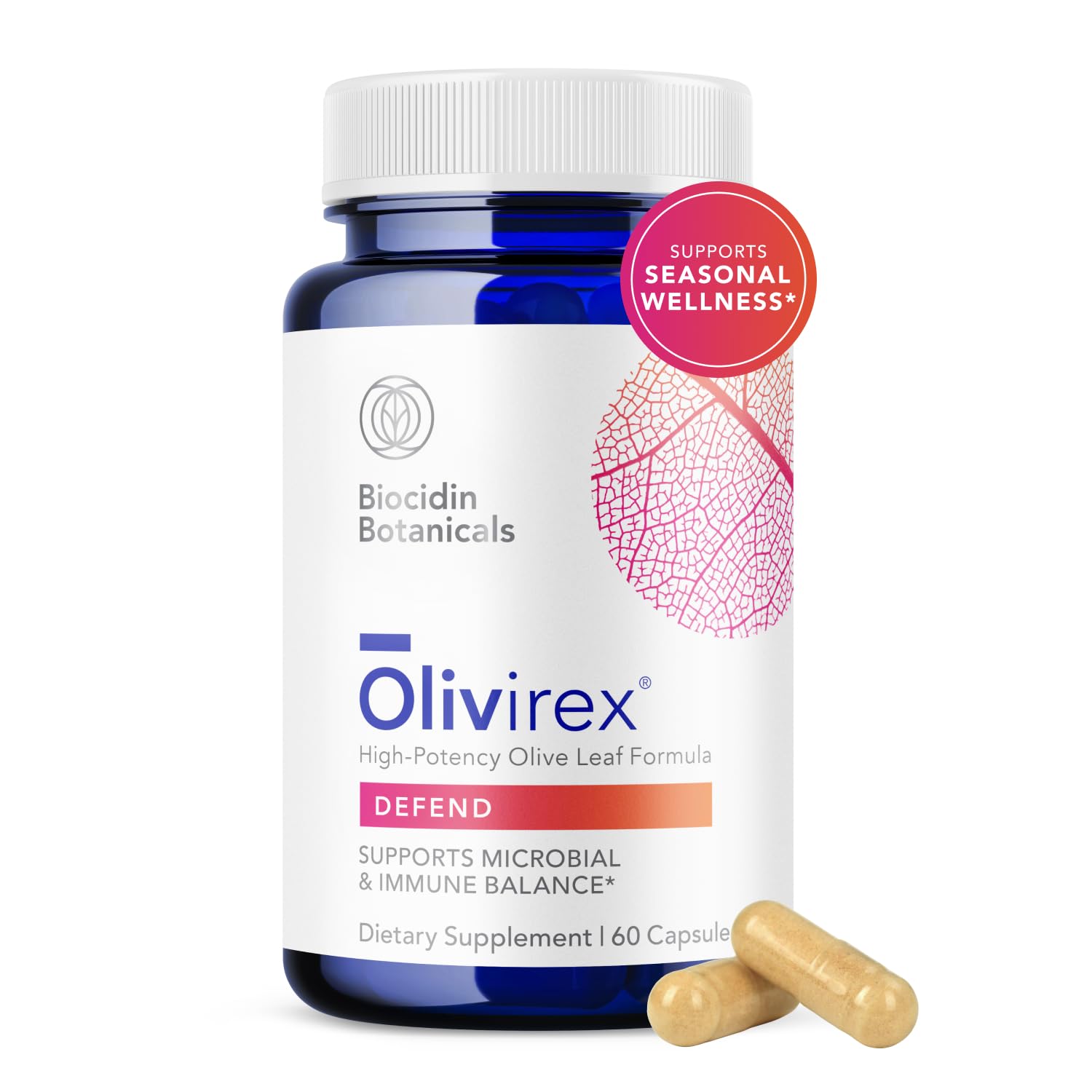 Bio-Botanical Research Biocidin Olivirex High-Potency Olive Leaf Extract Capsules with 18% Oleuropein, Immune Support, Microbial Balance & Biofilm Support, Broad-Spectrum Botanical Olive Leaf Supplement, 60 Count