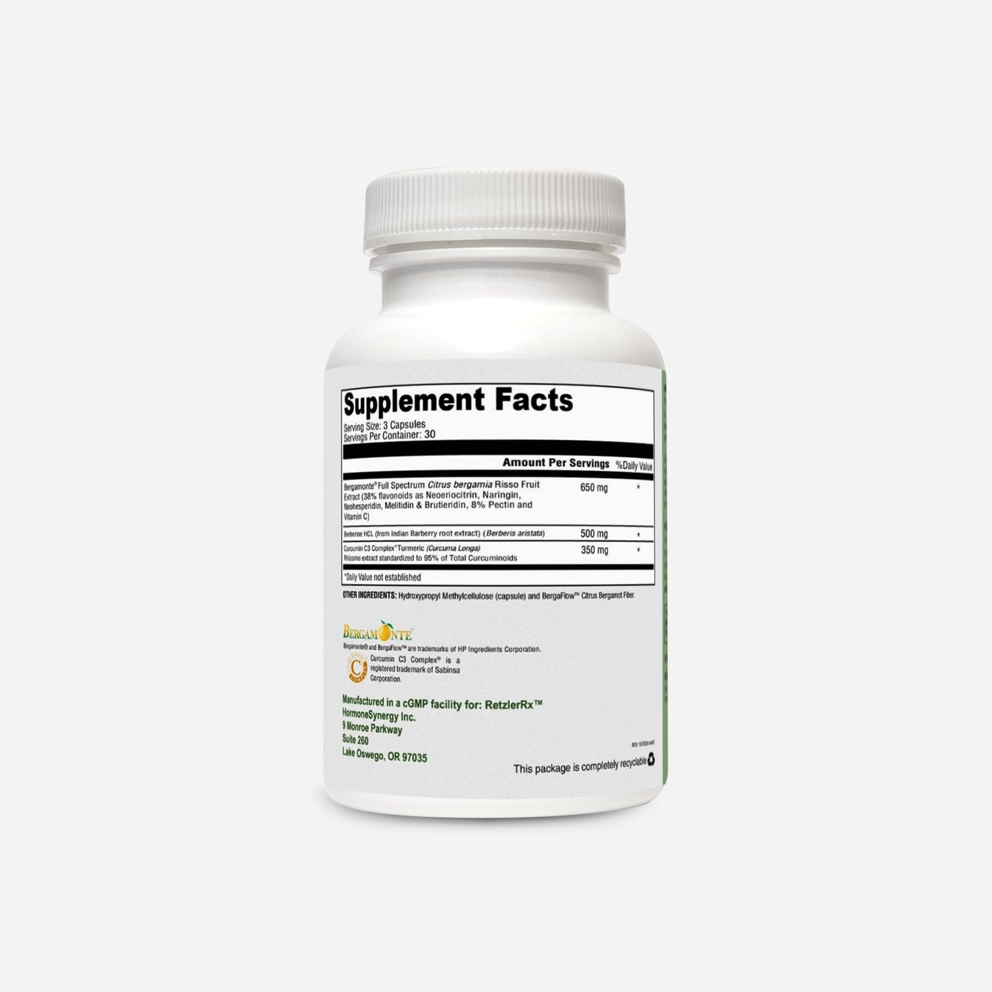 HormoneSynergy Cholest Protect Citrus Bergamot Bergamonte Berberine and Curcumin C3 Complex Capsule, 90 Capsules