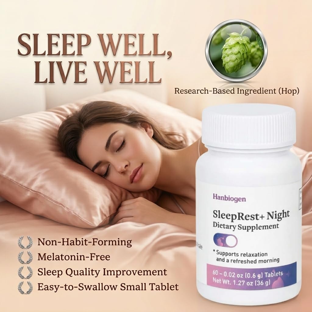 Hanbiogen SleepRest+ Night Melatonin-Free Sleep Supplement with Naturally Derived Hop Extract, Silk Peptide, Perilla Leaf Extract, L-Theanine & GABA - Fast-Acting, Non-Habit-Forming Formula, 60 Tablets