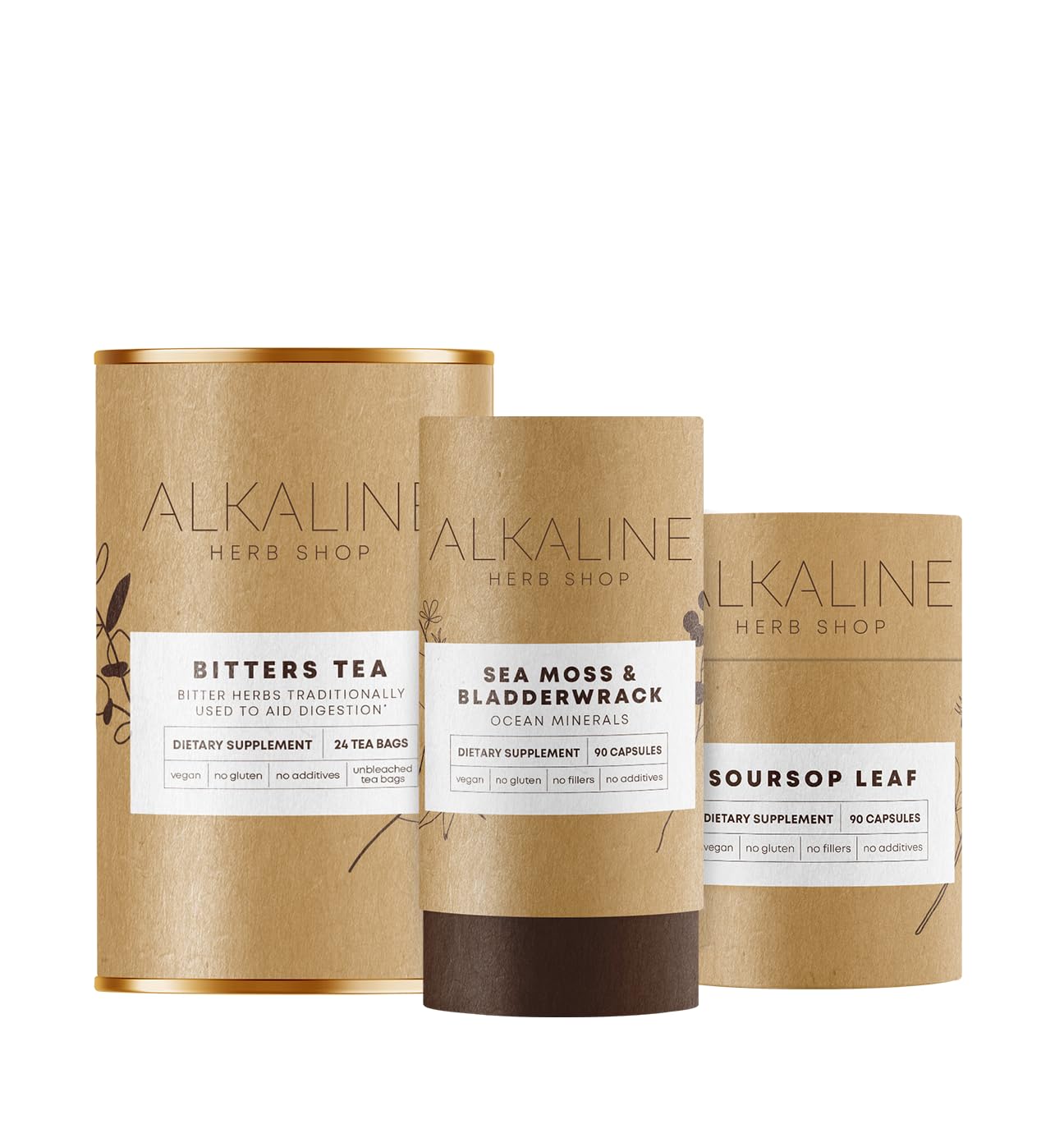 Alkaline Herb Store Power Pack Bundle Sea Moss & Bladderwrack, Soursop Leaf, and Bitters Tea Capsules, 3-Pack