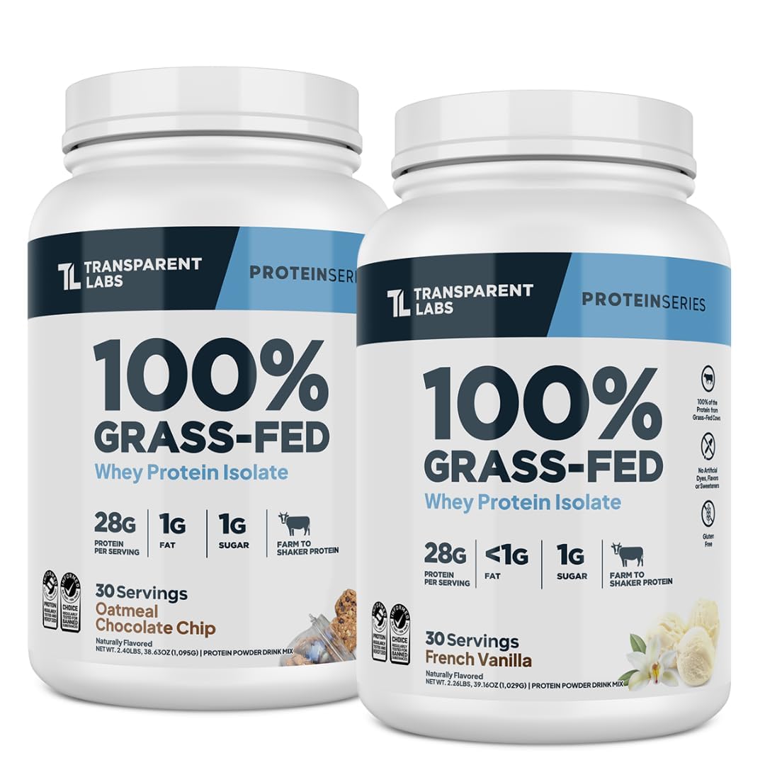 Transparent Labs Grass-Fed Whey Protein Isolate Powder (30 Servings, French Vanilla) & Grass-Fed Whey Protein Isolate Powder (30 Servings, Oatmeal Chocolate Chip Cookie)