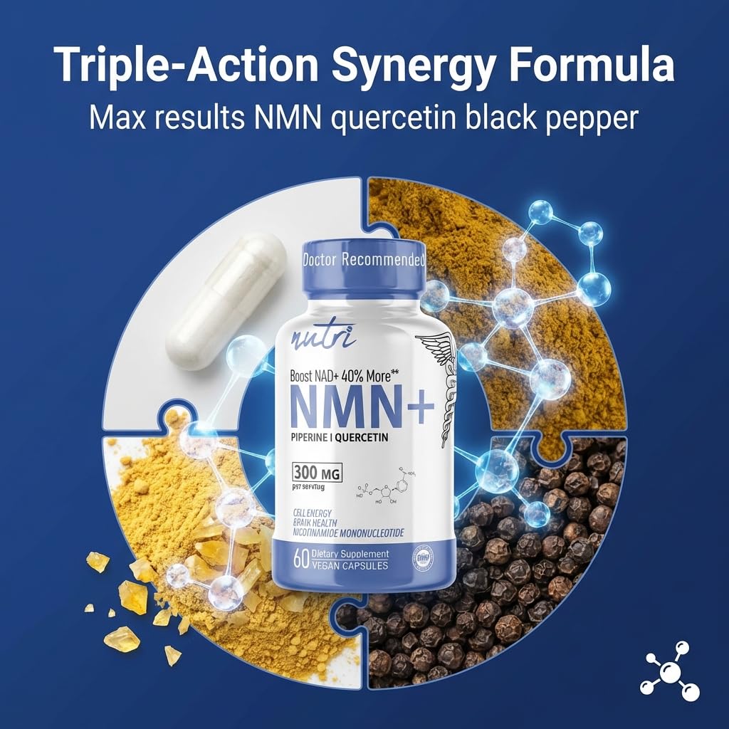 Nature's Fusions Nutri NMN Supplement 300mg NAD Supplement - Ultra High Absorption Stabilized NMN Nicotinamide Mononucleotide, 40% More NAD+ with Quercetin Phytosome & Black Pepper, 60 Capsules
