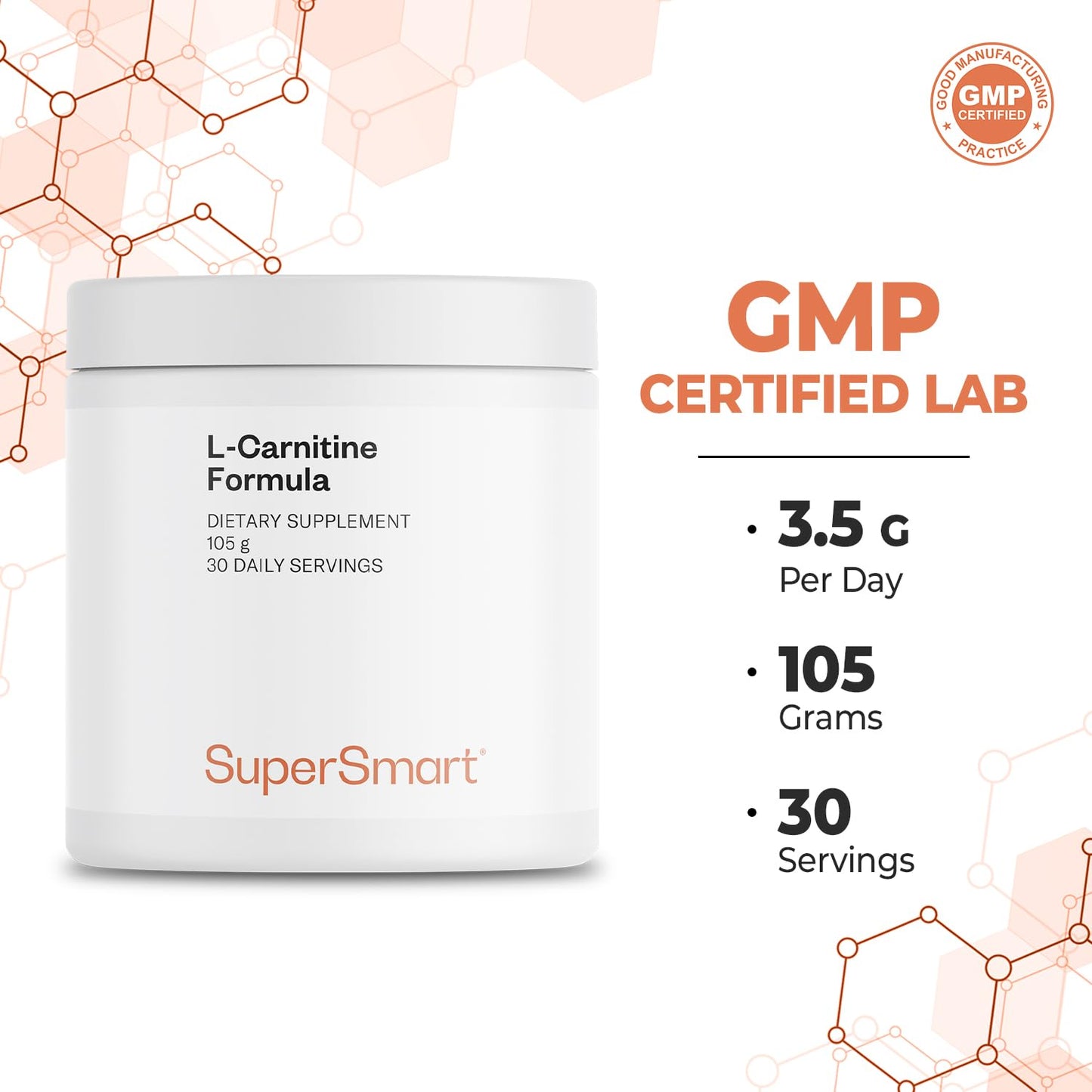 Supersmart L-Carnitine Formula with Acetyl & Tartrate, Amino Acids | Non-GMO & Gluten Free, Powder, 3.7 oz