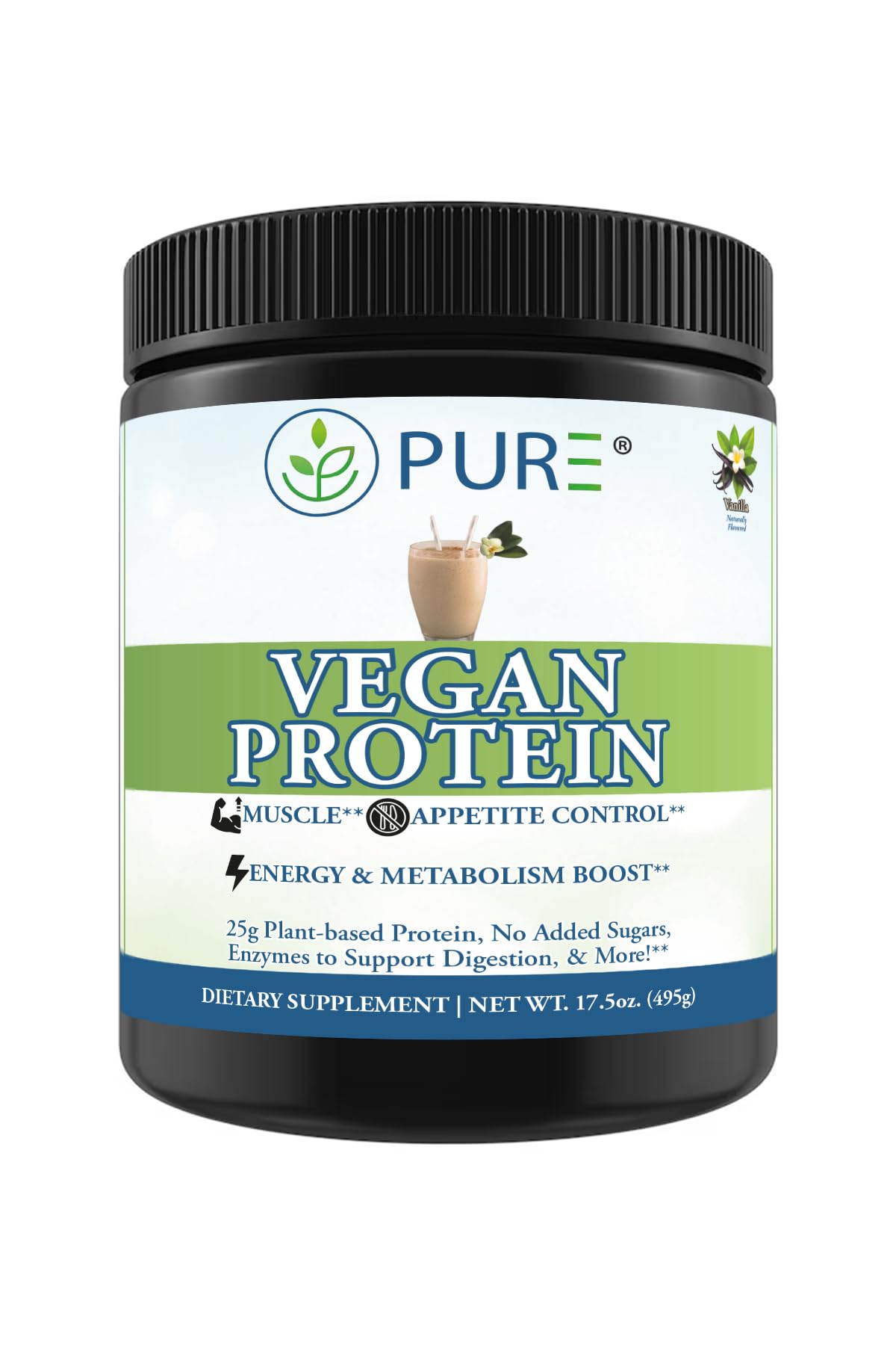 PURE Vegan Protein Powder Pea & Mung Bean Blend with Digestive Enzymes, Vanilla, 495 g
