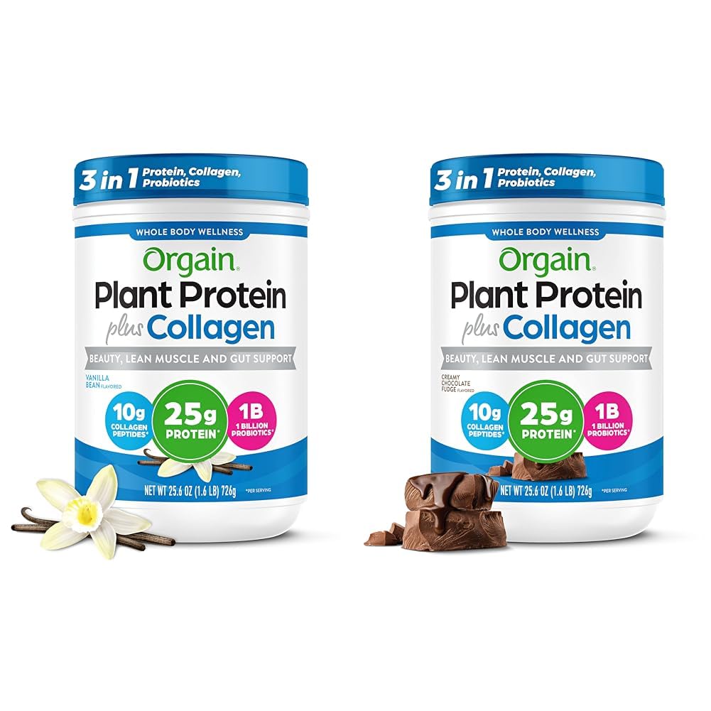 Orgain Protein Powder + Collagen, Vanilla Bean & Creamy Chocolate Fudge, Powder, 51.2 Servings