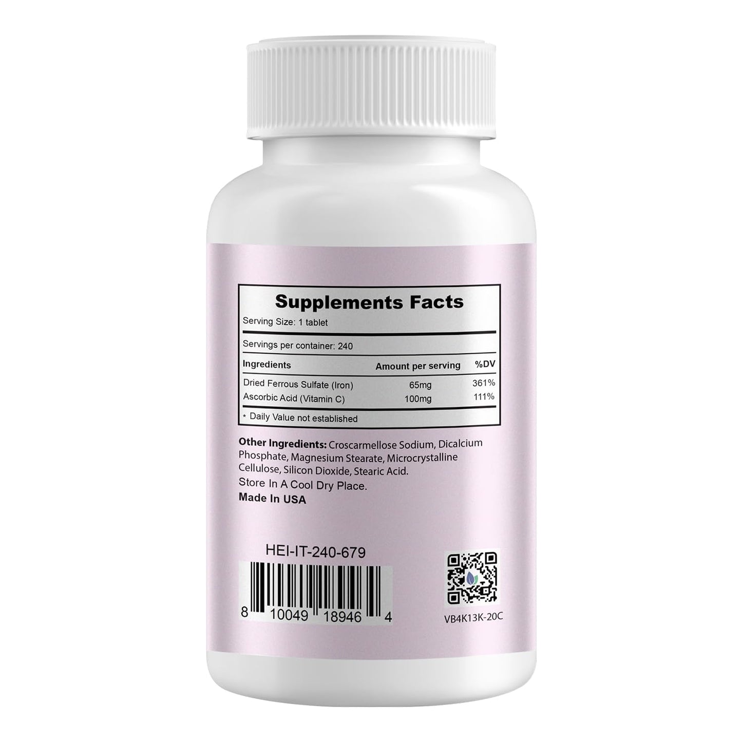 Heivy Iron Supplement Ferrous Sulfate 325mg with Vitamin C Tablets, 240 Count, Vegan, Non-GMO