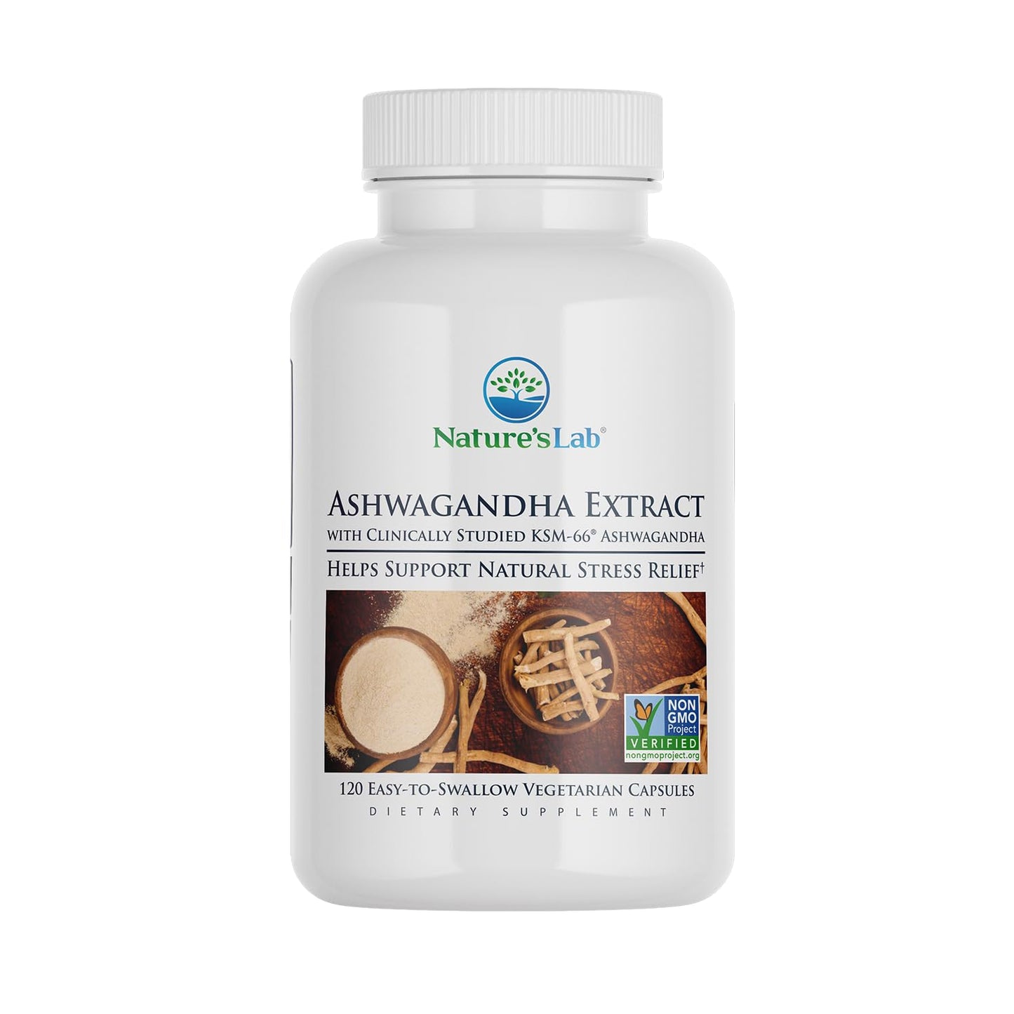 Nature's Lab Ashwagandha KSM 66 Extract - 5% Withanolides, Pure Organic Ashwagandha Root Powder Capsules, 120 Count