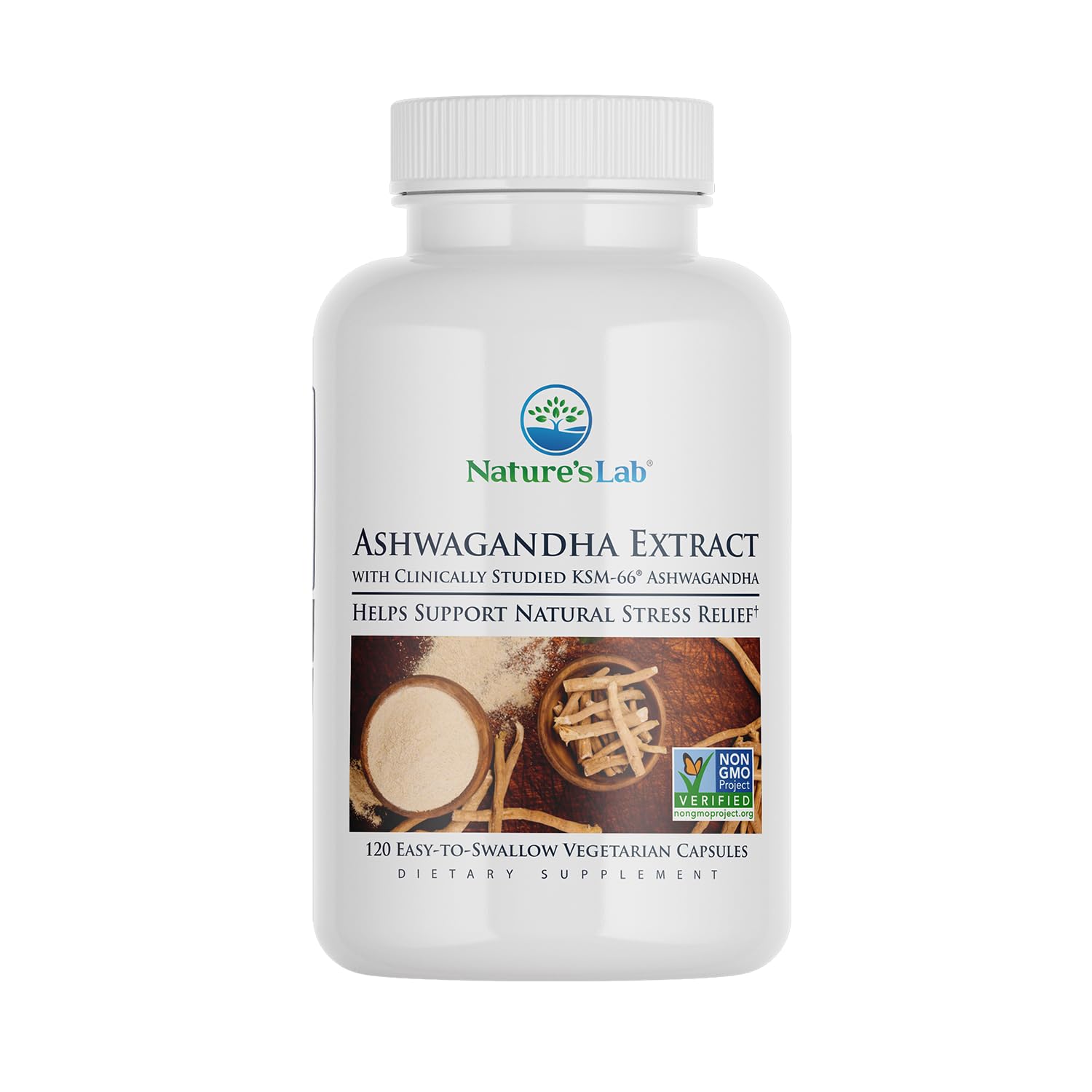 Nature's Lab Ashwagandha KSM 66 Extract - 5% Withanolides, Pure Organic Ashwagandha Root Powder Capsules, 120 Count