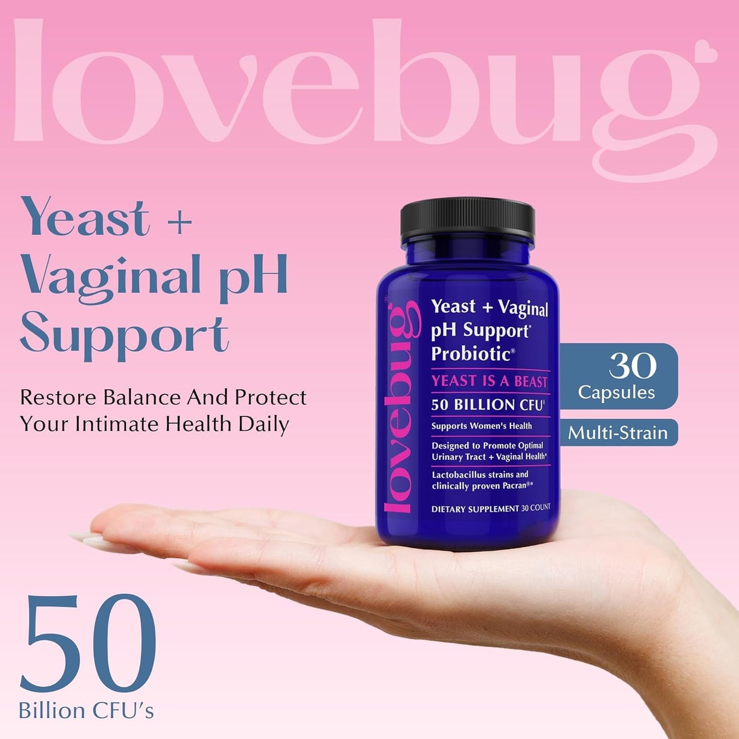 LOVEBUG Probiotics for Women with Pancran – Multi-Strain Probiotic Supporting UTI, BV, Odor & PH Balance - Vaginal Probiotics for Womens Intimate Flora & Digestive Health Capsules, 30 Count