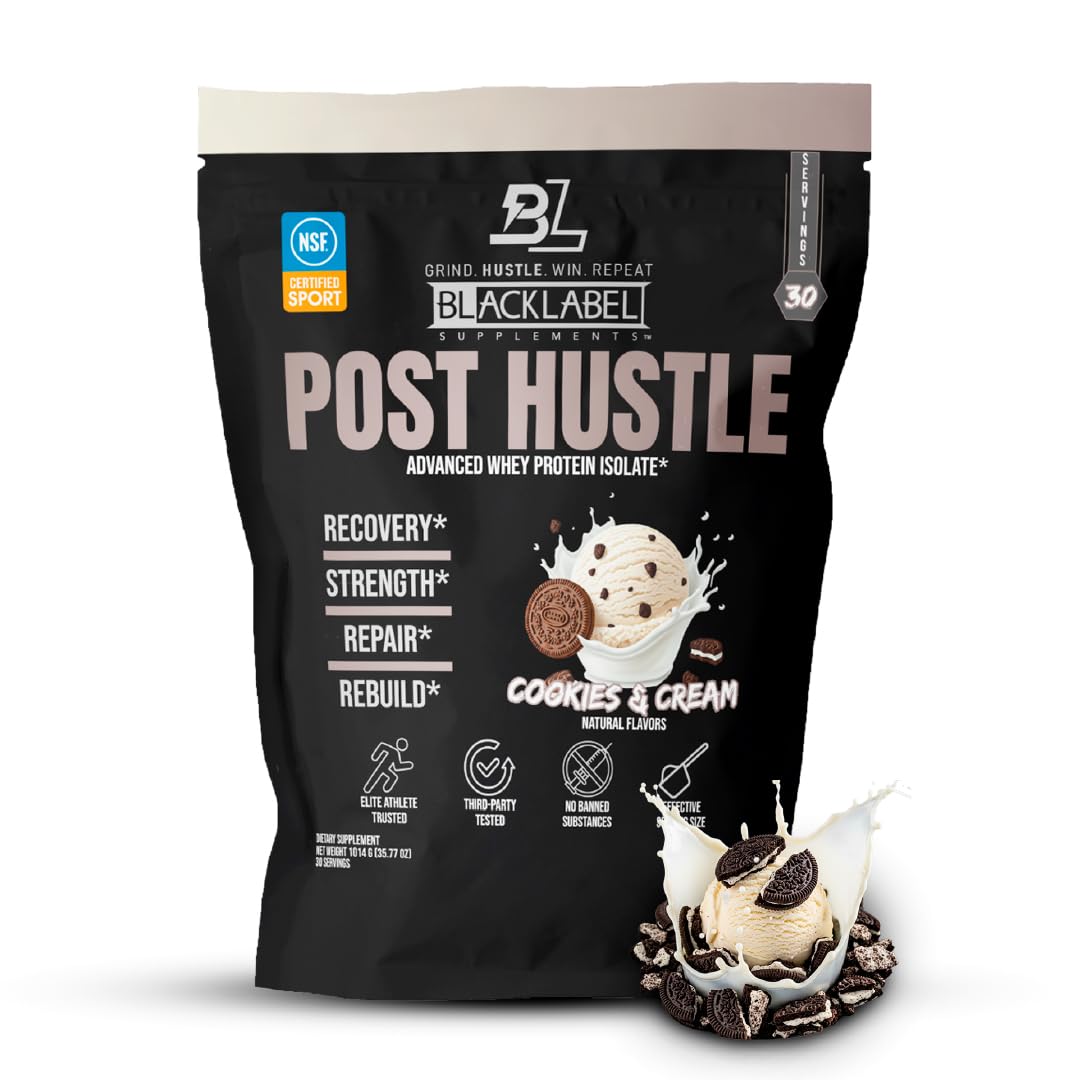 BLACKLABEL Supplements Post Hustle Post Workout Protein Powder – Whey Isolate with Digestive Enzymes, Cookies & Cream, 40 Servings