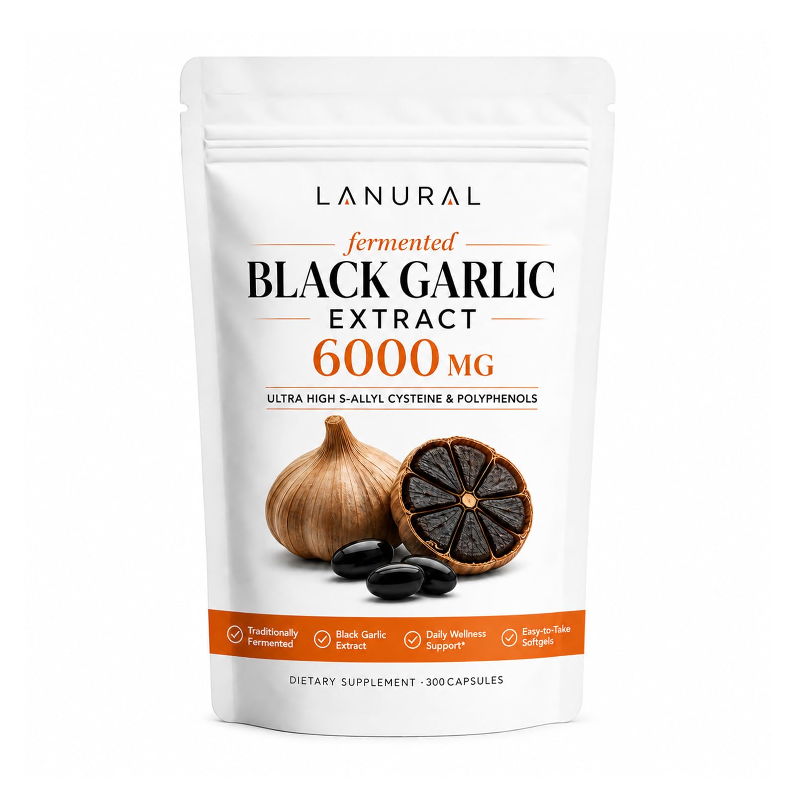 Lanural organic Fermented Black Garlic Softgels 6000mg, 300 Softgels