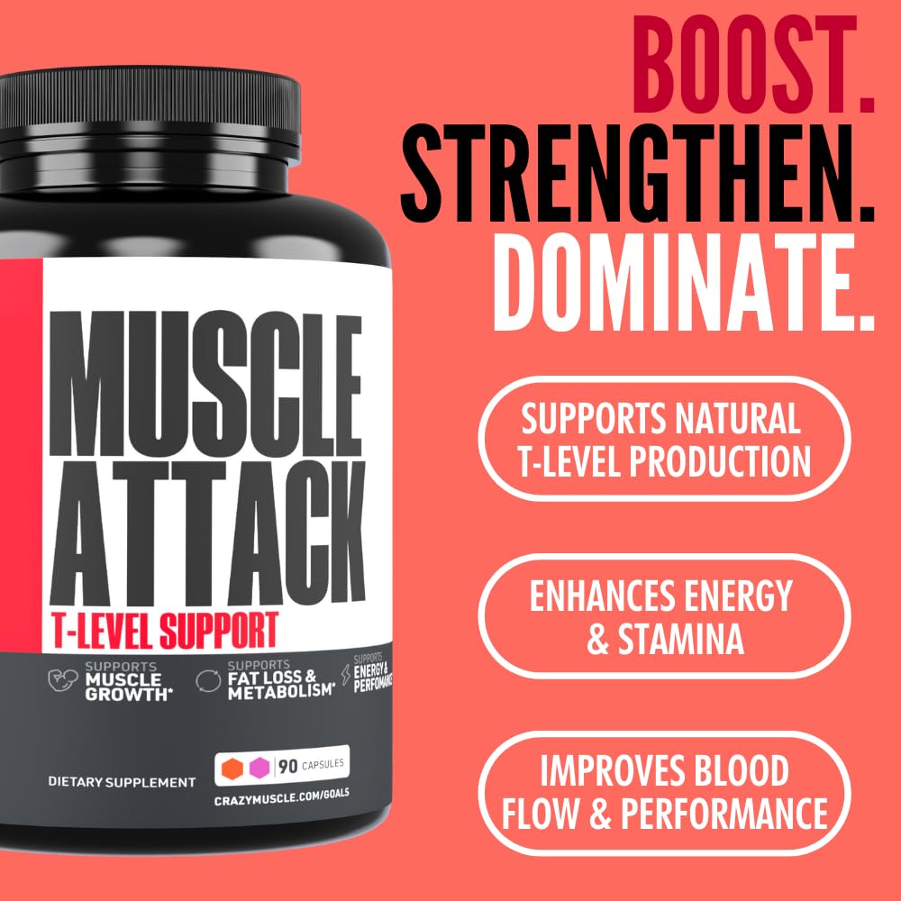 Crazy Muscle Testosterone Booster for Men with DHEA, 100mg, Muscle Attack, 90 Capsules