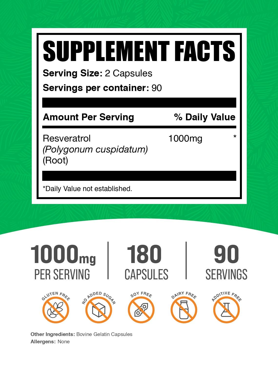 BulkSupplements Resveratrol 1000mg Capsules 180 Count