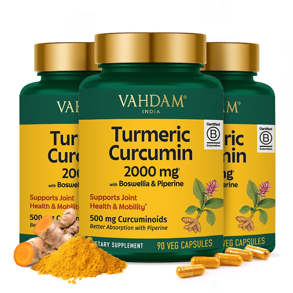 VAHDAM Turmeric Curcumin 2000mg (500mg Curcuminoids) with Boswellia & Piperine for Fast Absorption 90 Capsules