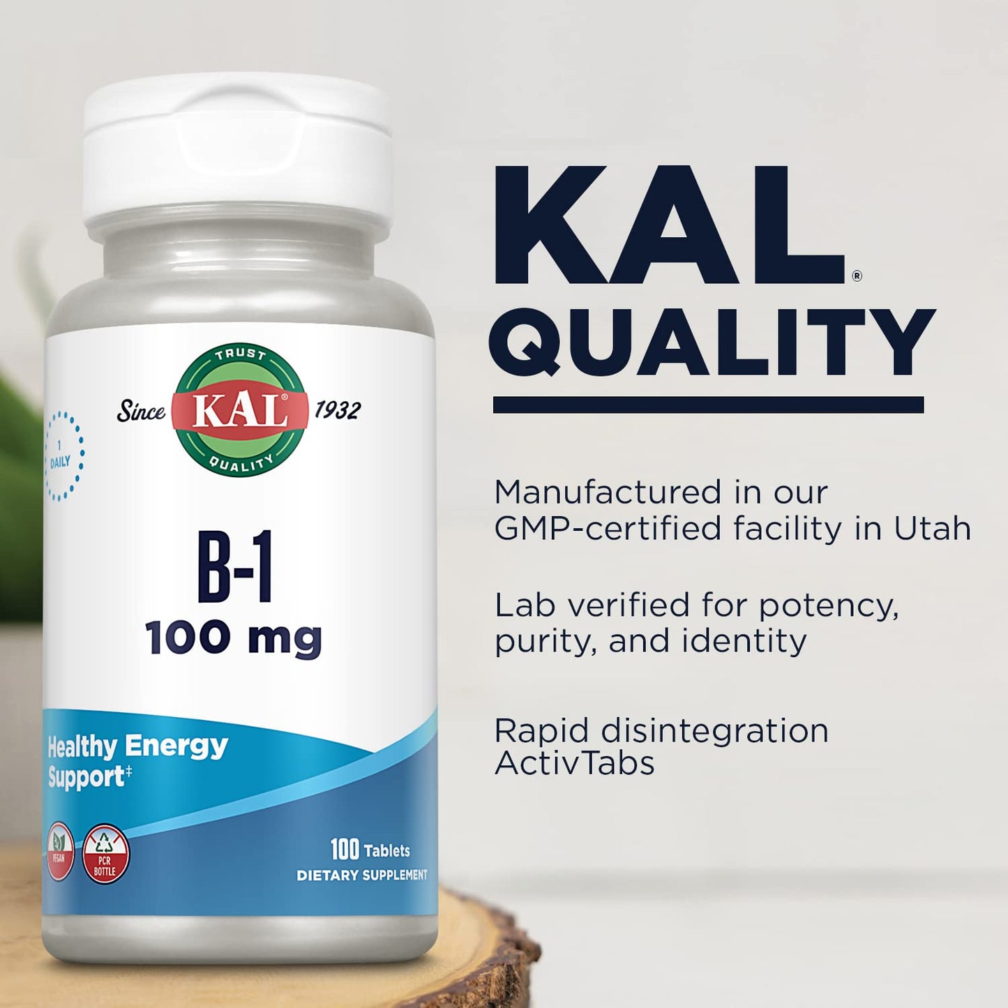 KAL Vitamin B1 100 mg Thiamine Supplement Tablet, 100 Tablets
