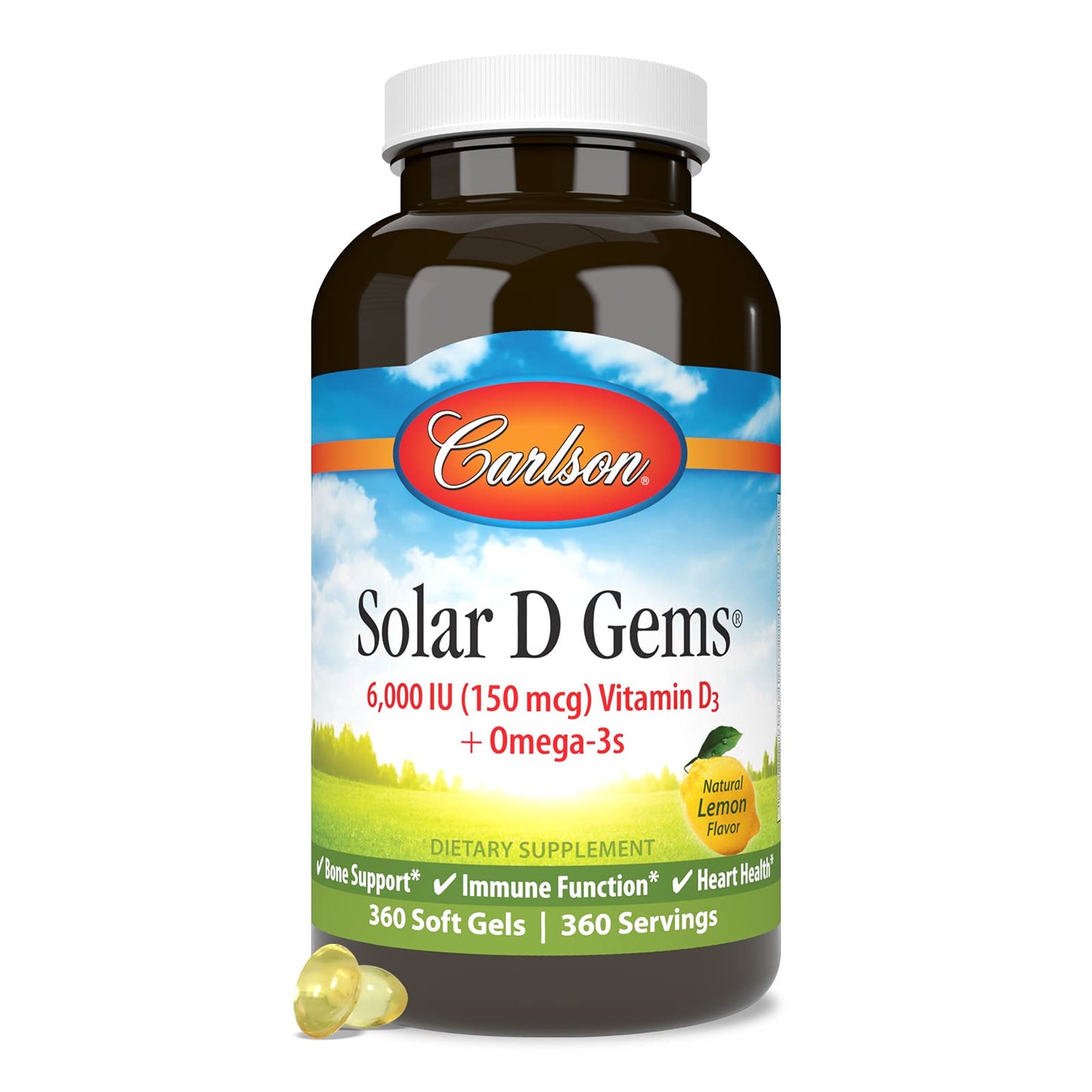 Carlson Solar D Gems Vitamin D3 and Omega-3 Supplement Softgels, 360 Softgels