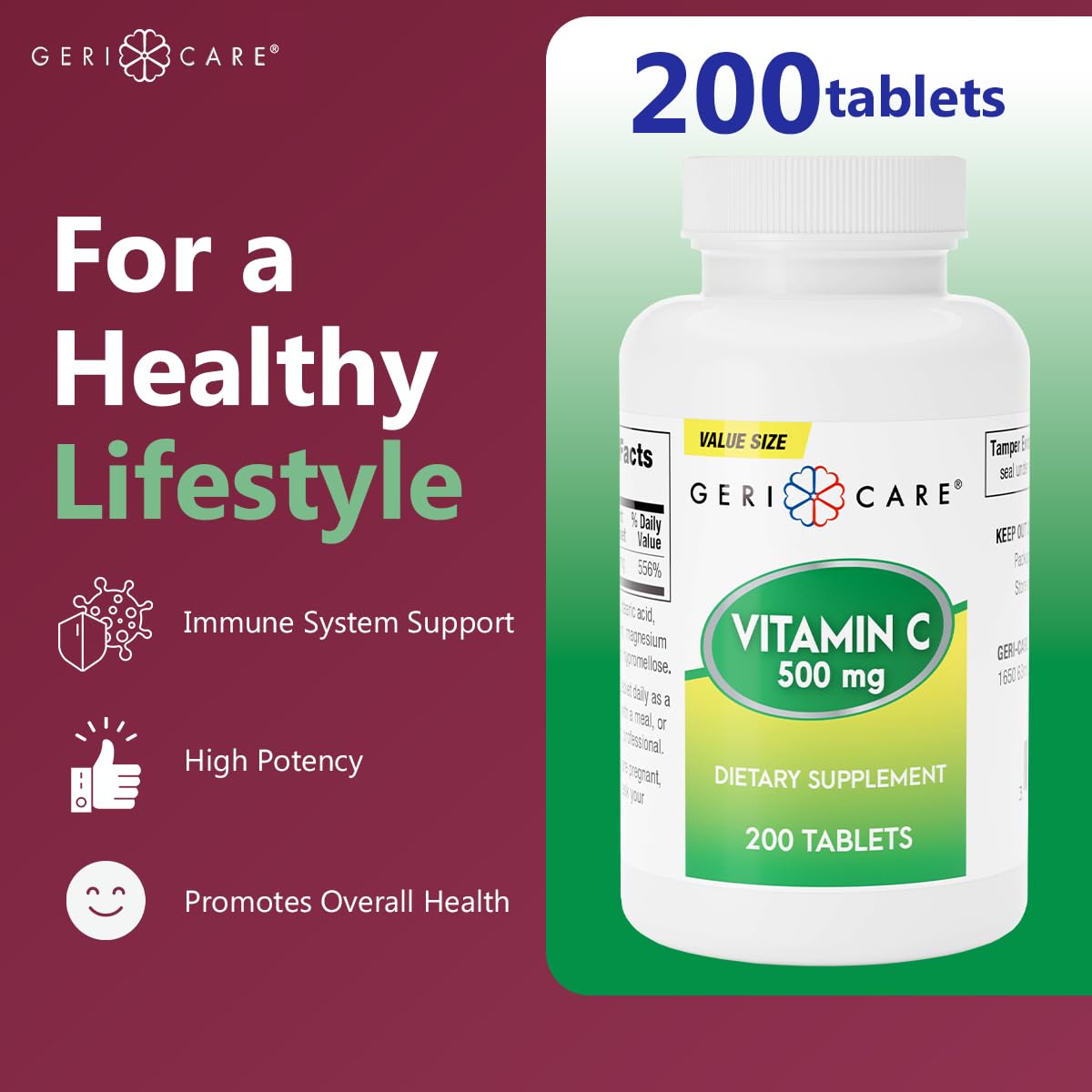 GeriCare Vitamin C 500 mg Tablets, 200 Count