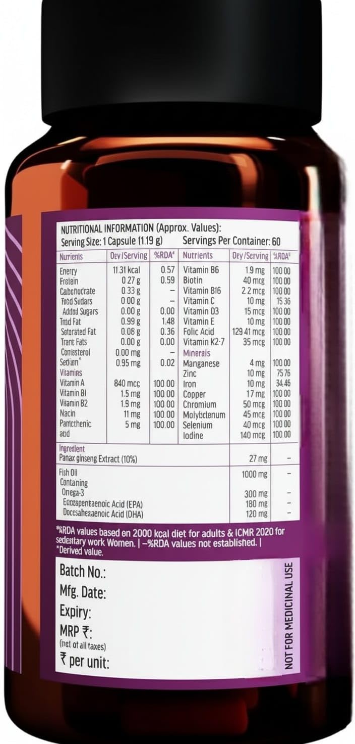 Generic Omega 3 Fish Oil 1000mg Capsules with Multivitamin, 60 Count