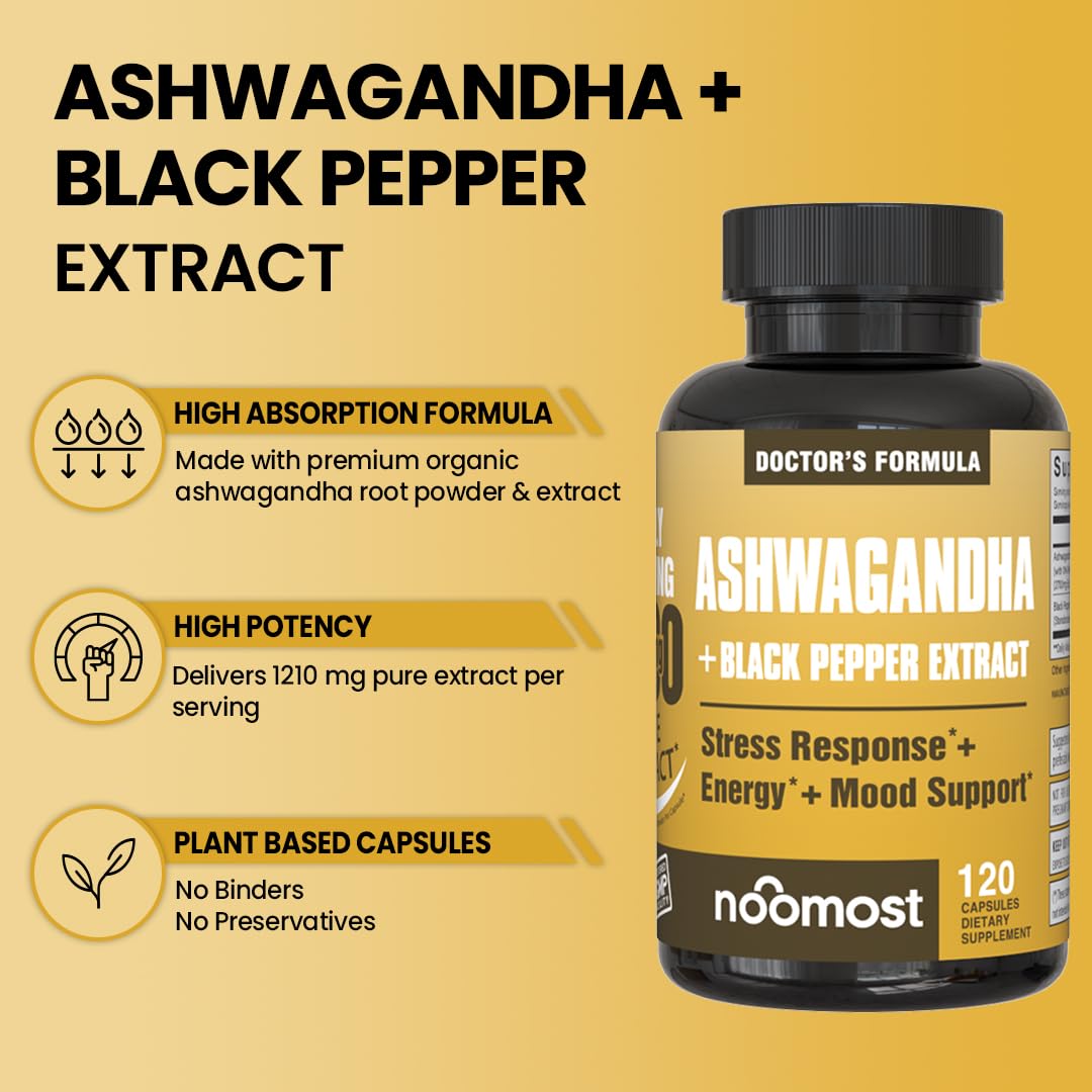 NooMost Ashwagandha 1200mg Supplement with Black Pepper Extract, 10% Withanolides, Capsules, 120 Count