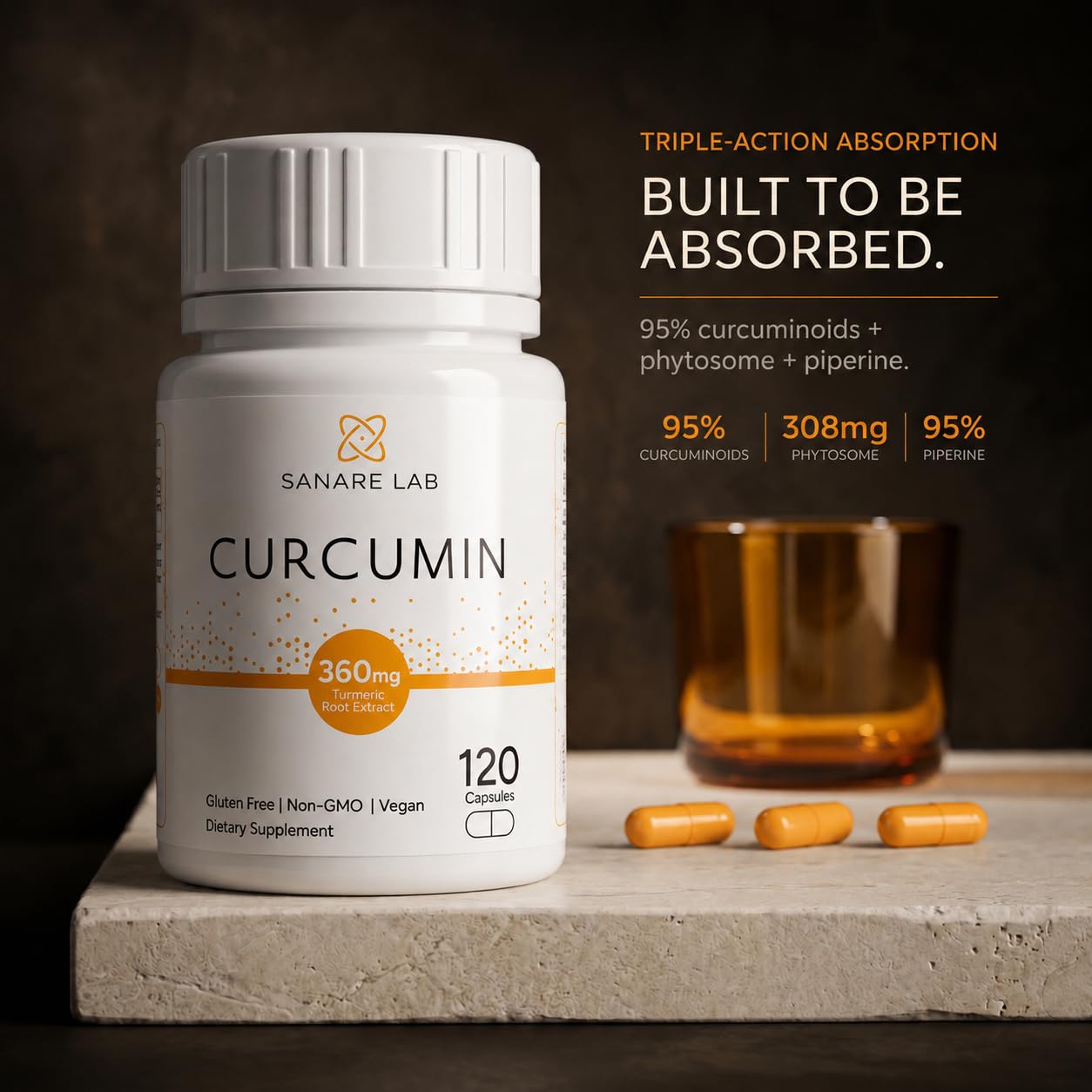 Sanare Lab Curcumin Turmeric 360 mg per Serving, Capsules, 120 Count with Black Pepper & Phytosome Extract, Joint & Cellular Support