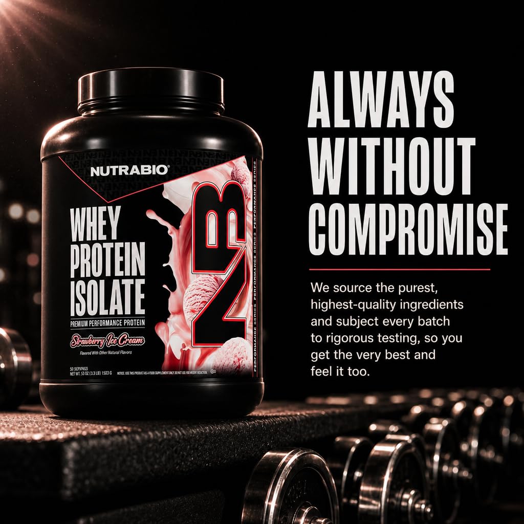 NutraBio 100% Whey Protein Isolate Powder, Strawberry Ice Cream, 80 Servings