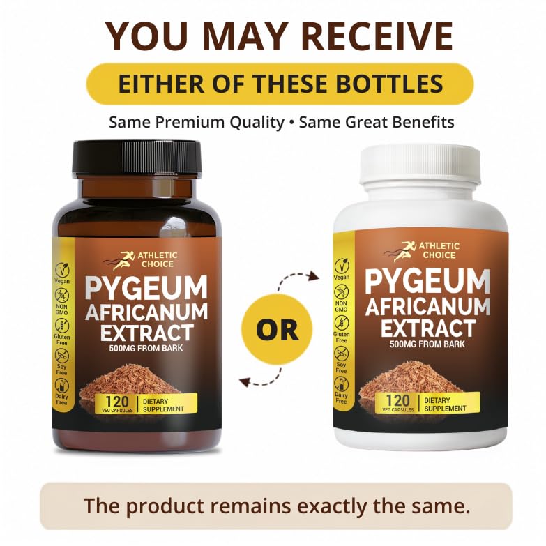 Athletic Choice Pygeum Africanum 500mg Bark Extract Capsules, 120 Count, Non-GMO & Gluten-Free Extra Strength Pygeum Supplement for Men and Women