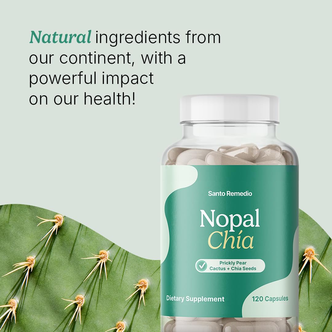 Santo Remedio Super Nopal Cactus Capsules with Chia – Prickly Pear Supplement, 120 Capsules