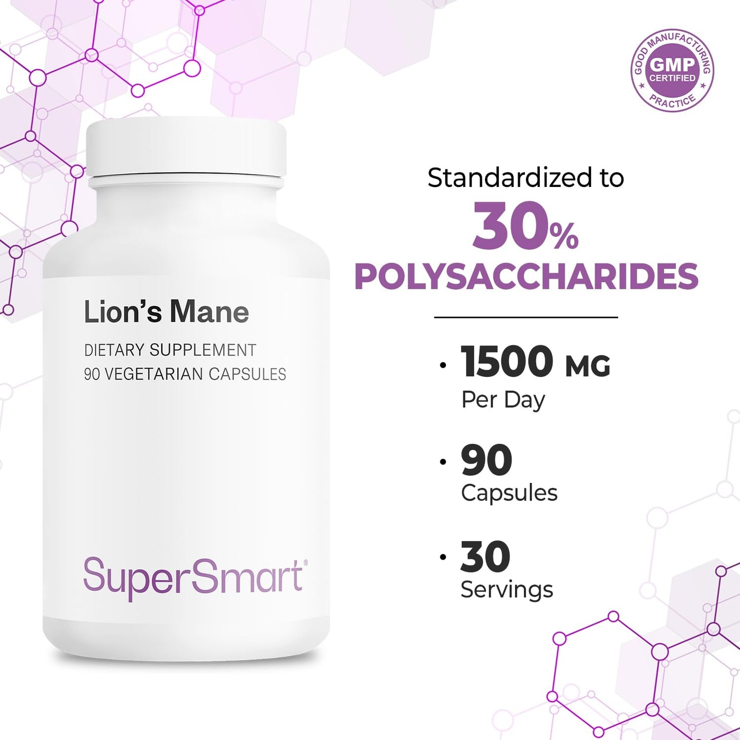 Supersmart Lion's Mane 1500mg per Day High Strength 30% Polysaccharides 8:1 Extract Hericium Erinaceus Mushroom Supplement 90 Capsules