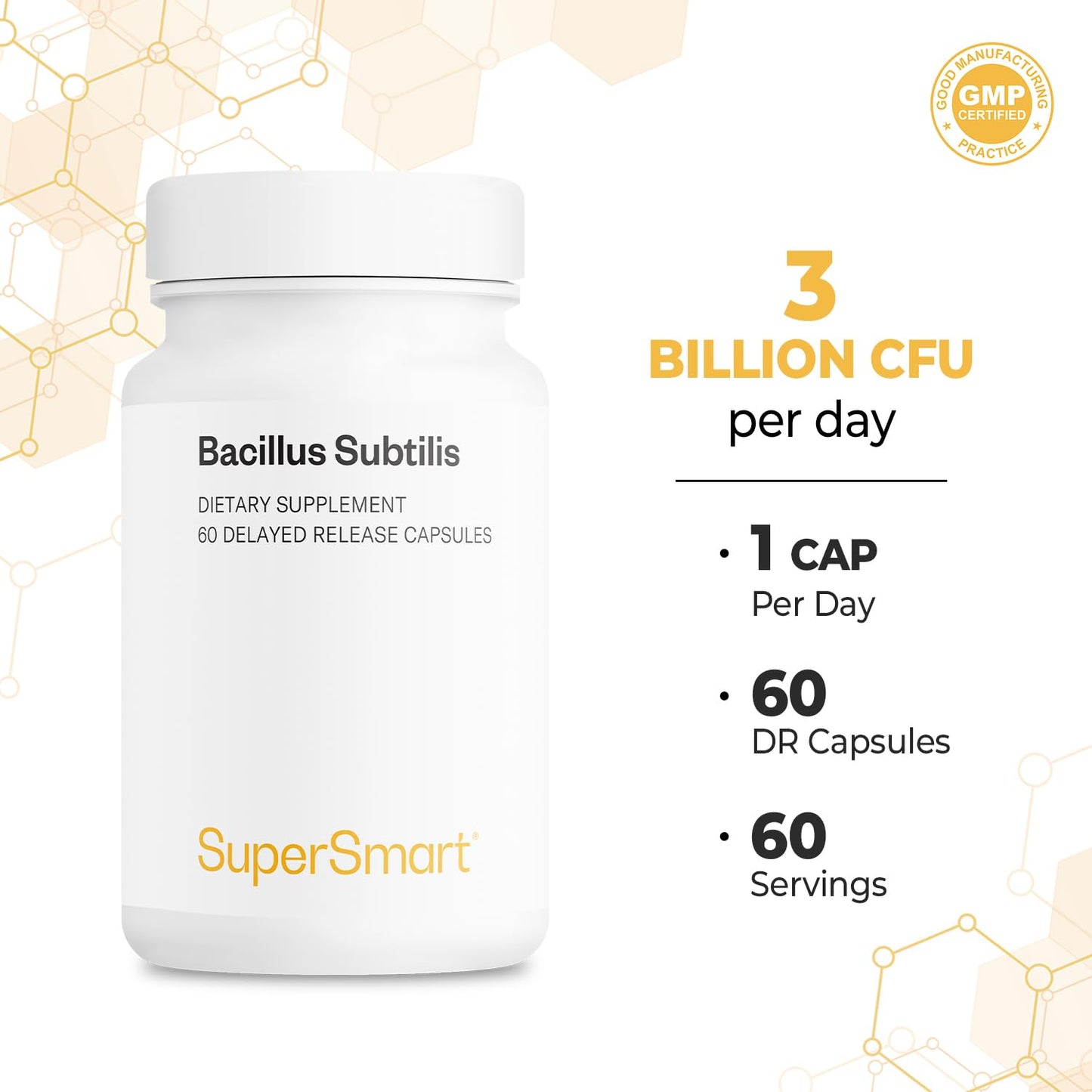 Supersmart Bacillus Subtilis 3 Billion CFU per Day (High Potency) Spore Probiotic Supplement 60 Capsules