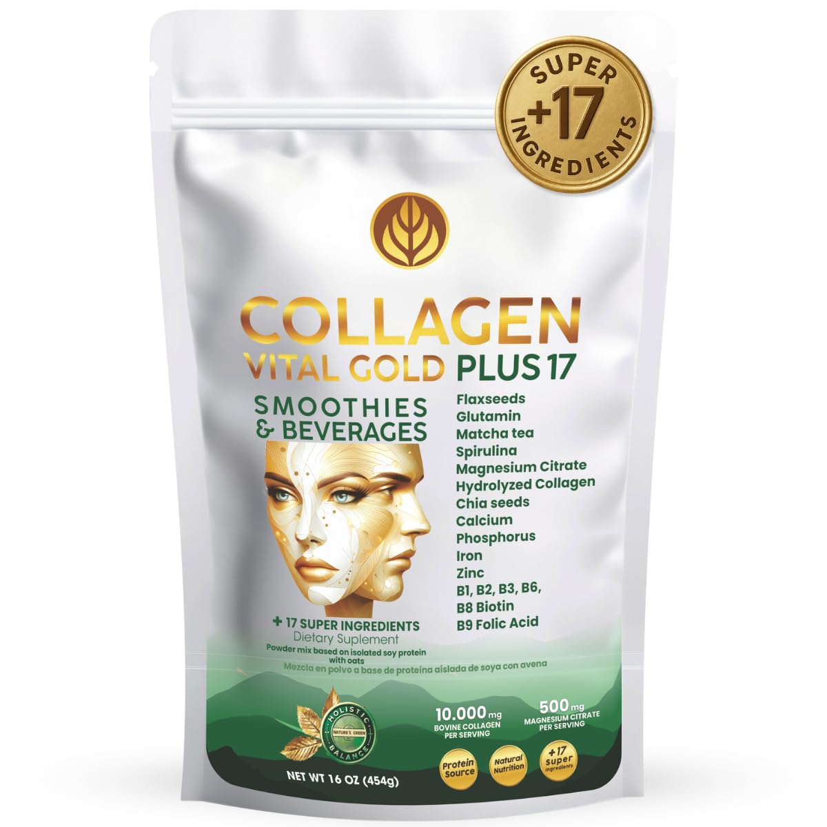 Gold Vital Life Collagen Peptides Powder Mint & Lemon Flavor, 16 oz