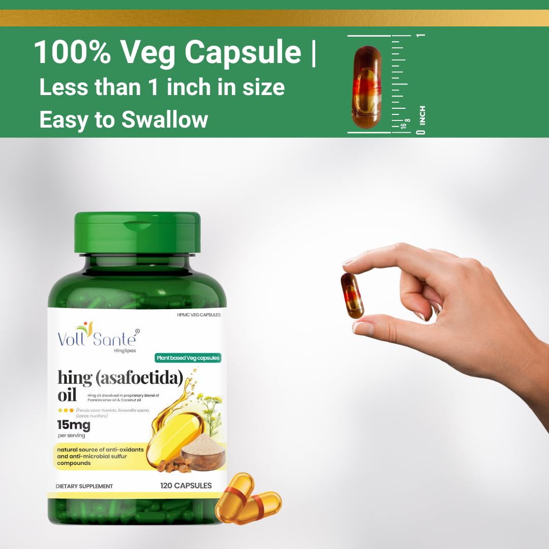 Voll Santé Hing (Asafoetida) Oil Capsules with Frankincense & Coconut Oil, 120 Capsules