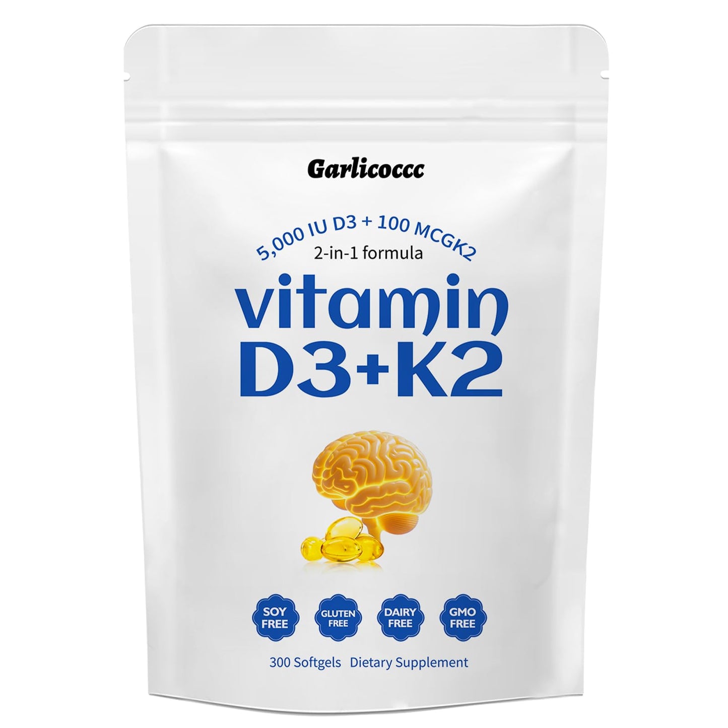 Garlicoccc Vitamin D3 10000 iu Plus K2 (MK-7) 200 mcg Virgin Coconut Oil Softgels 300