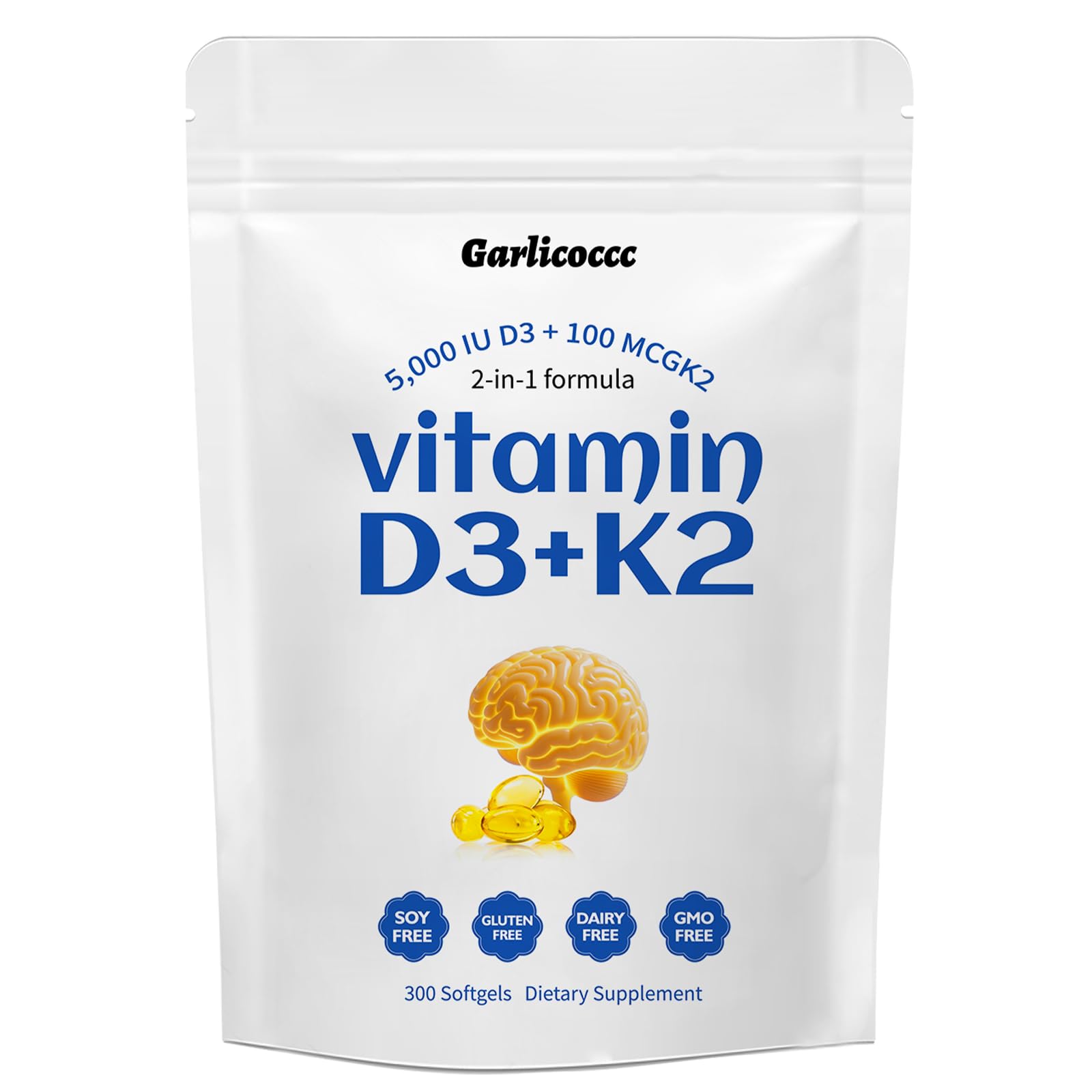 Garlicoccc Vitamin D3 10000 iu Plus K2 (MK-7) 200 mcg Virgin Coconut Oil Softgels 300