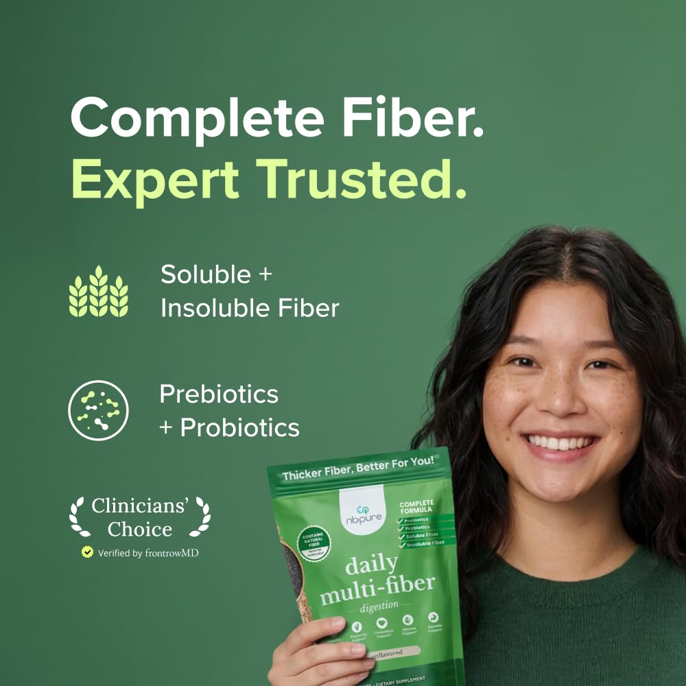 nbpure Daily Fiber Powder Blend for Digestive Health, Cholesterol Support, Healthy Weight Management - with Prebiotic, Insoluble, Soluble Fiber + 4 Probiotic Strains, Savory Mocha, 9.52 Ounce