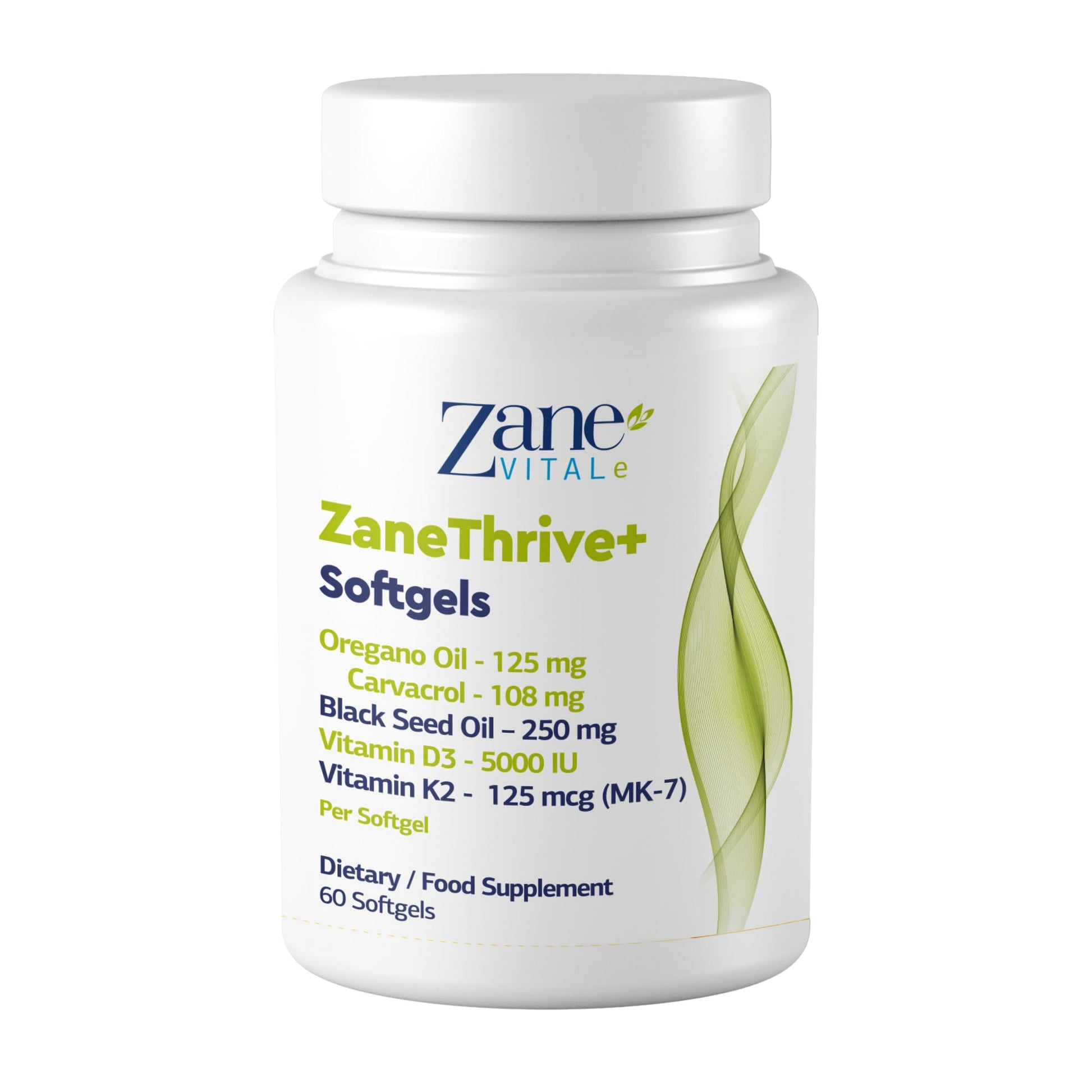 Zane VITALe Vitamin D3 & K2, Oregano Oil, Black Seed Oil Supplement 60 Softgels
