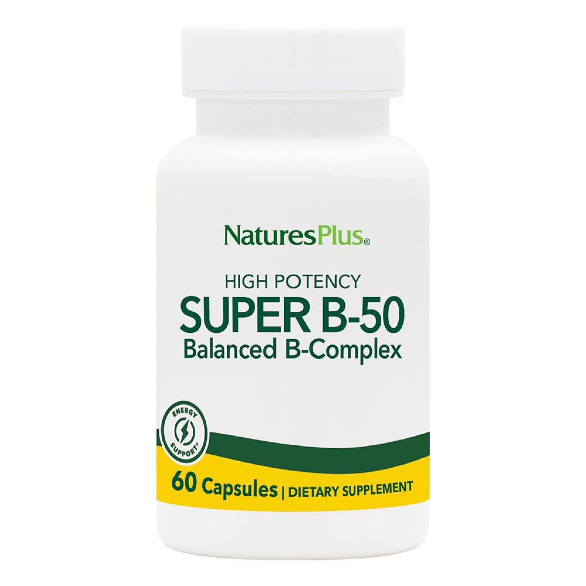 NaturesPlus Super B-50 High-Potency B Complex Vitamin with Choline, Inositol & PABA, 60 Vegetarian Capsules