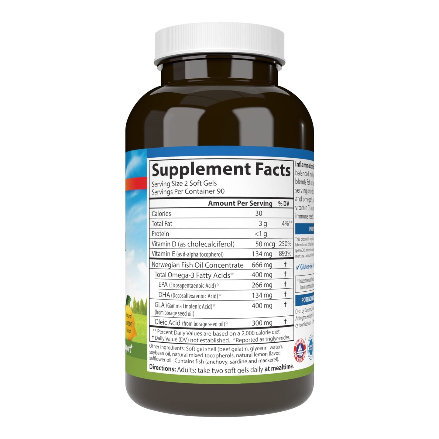 Carlson Inflammation Balance Omega-3 & Omega-6 Ratio with D3 Norwegian Wild-Caught Fish Oil Softgels 180