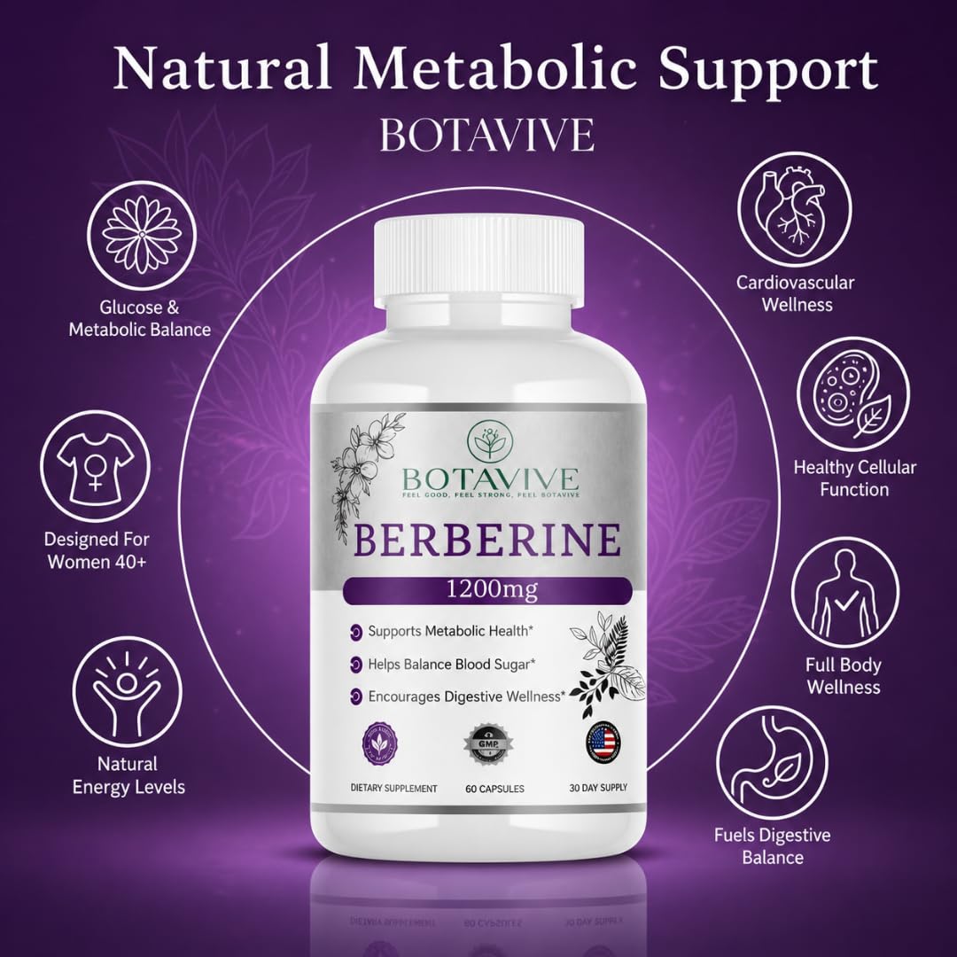 Botavive Berberine HCl 1200mg AMPK Metabolic Activator for Women Blood Sugar and Gut Health Support Perimenopause Supplement Non-GMO Gluten-Free Vegetarian 60 Capsules