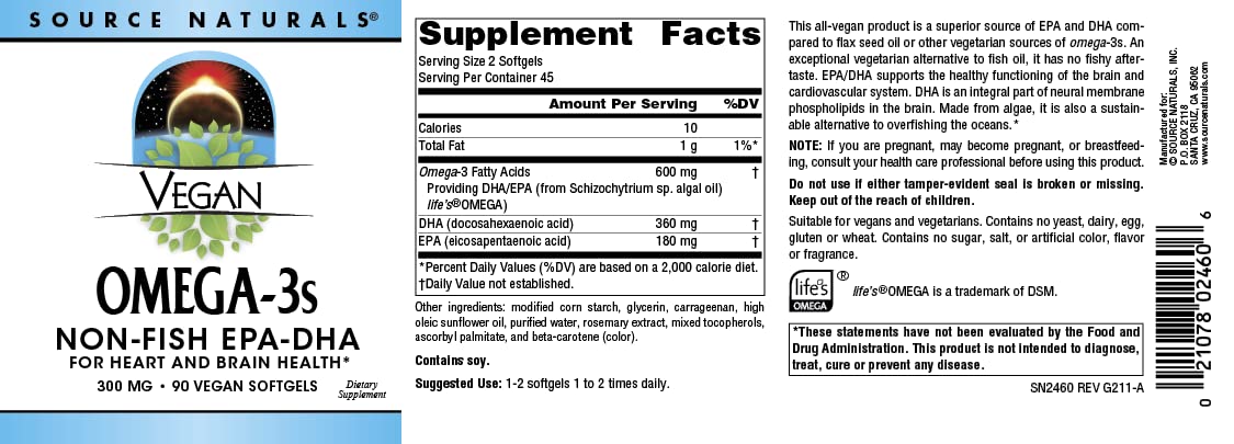 Source Naturals Vegan Omega-3s EPA-DHA 300 mg Softgels, 90 Count