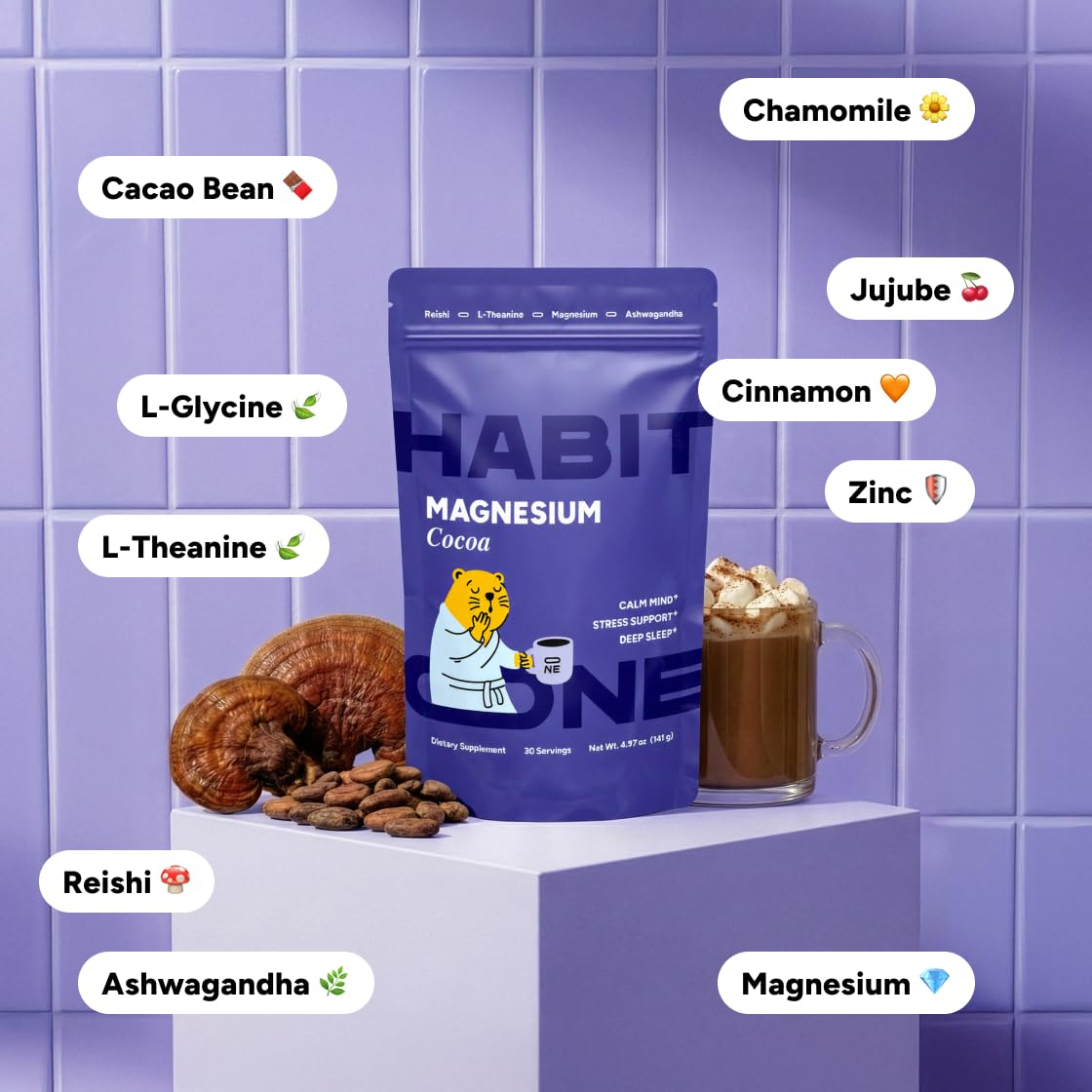 Habit One Magnesium Mushroom Cocoa with Ashwagandha & Reishi - Adaptogens Blend Powder, 4.97 Ounce