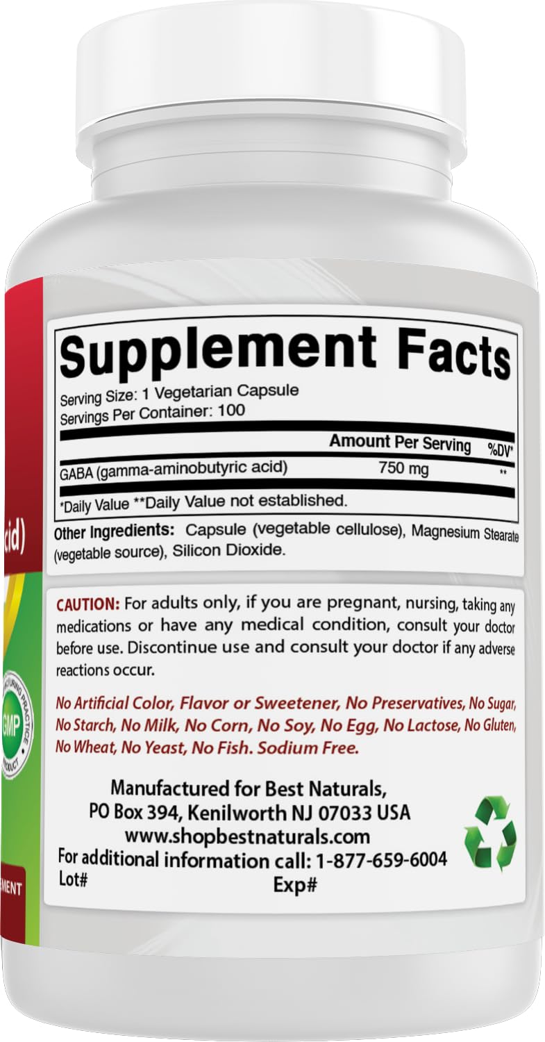 Best Naturals GABA 750 mg Capsule, 100 Count