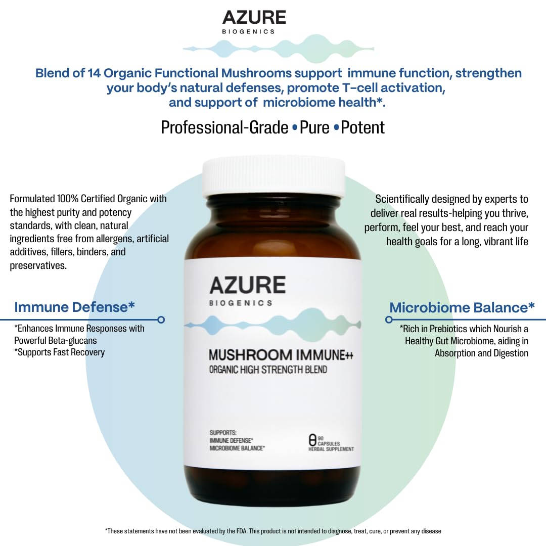 Azure Biogenics Mushroom Supplement Immune Support Formula with Lion's Mane, Reishi & Turkey Tail and 14 Adaptogenic Mushrooms with Cordyceps, Maitake and More, Organic, Vegan, Non-GMO, 90 Capsules