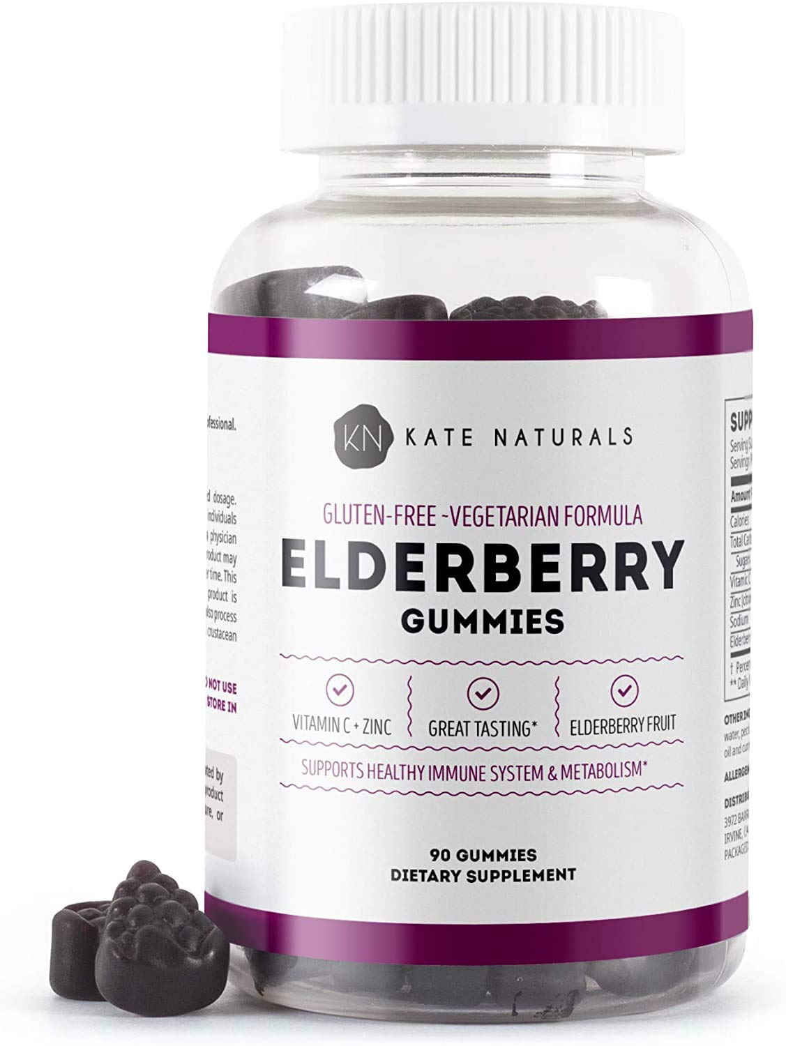 Kate Naturals Elderberry Gummies with Vitamin C and Zinc for Adults & Kids, 90 Gummies