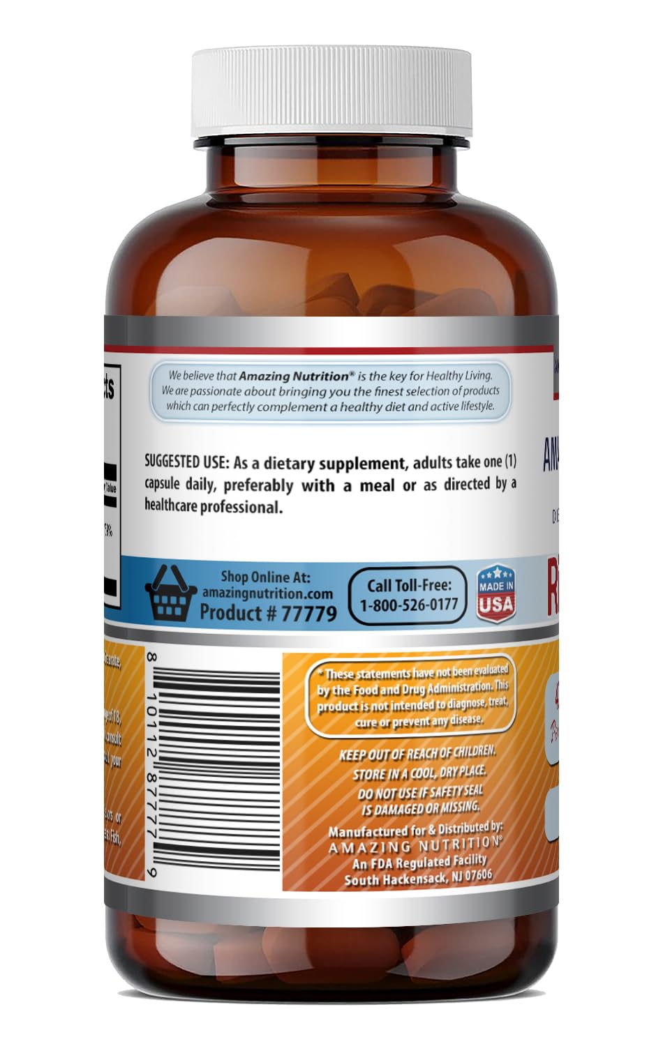 Amazing Nutrition Riboflavin 400 mg Vitamin B2 Supplement, 180 Capsules