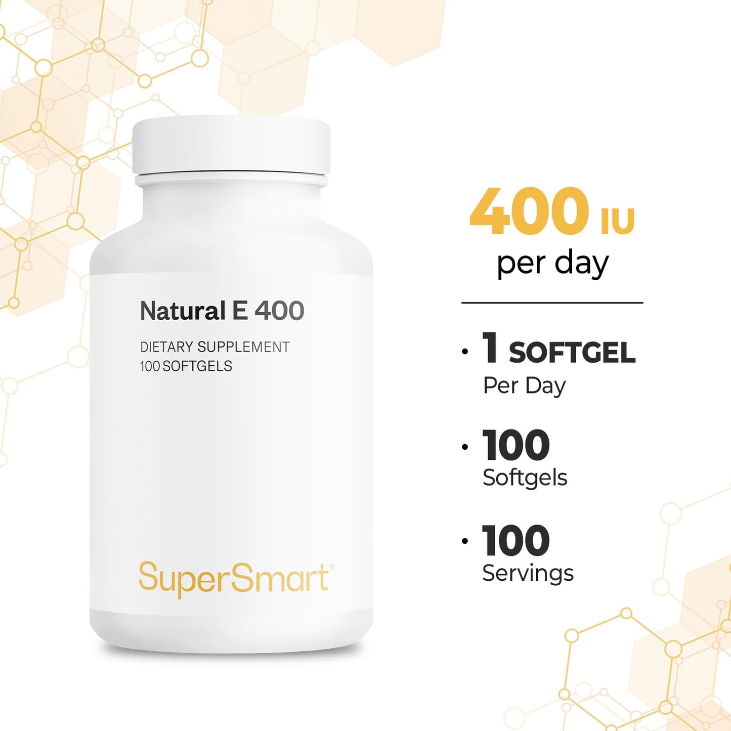 Supersmart Natural E 400 (D-Alpha Tocopherol) 1200IU per Day High Absorption Vitamin E Supplement Capsule 100 Count