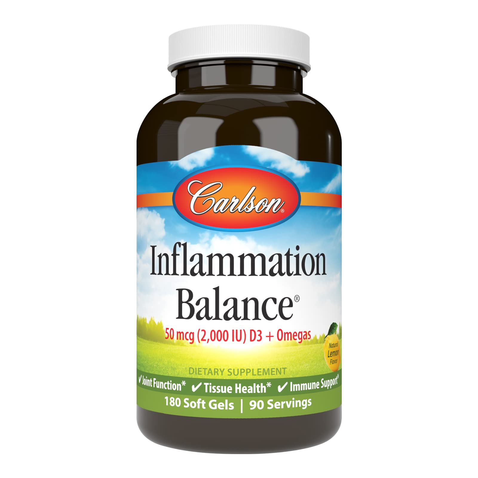 Carlson Inflammation Balance, Omega-3 & Omega-6 Ratio with D3, Norwegian Wild-Caught Fish Oil, Softgels, 180