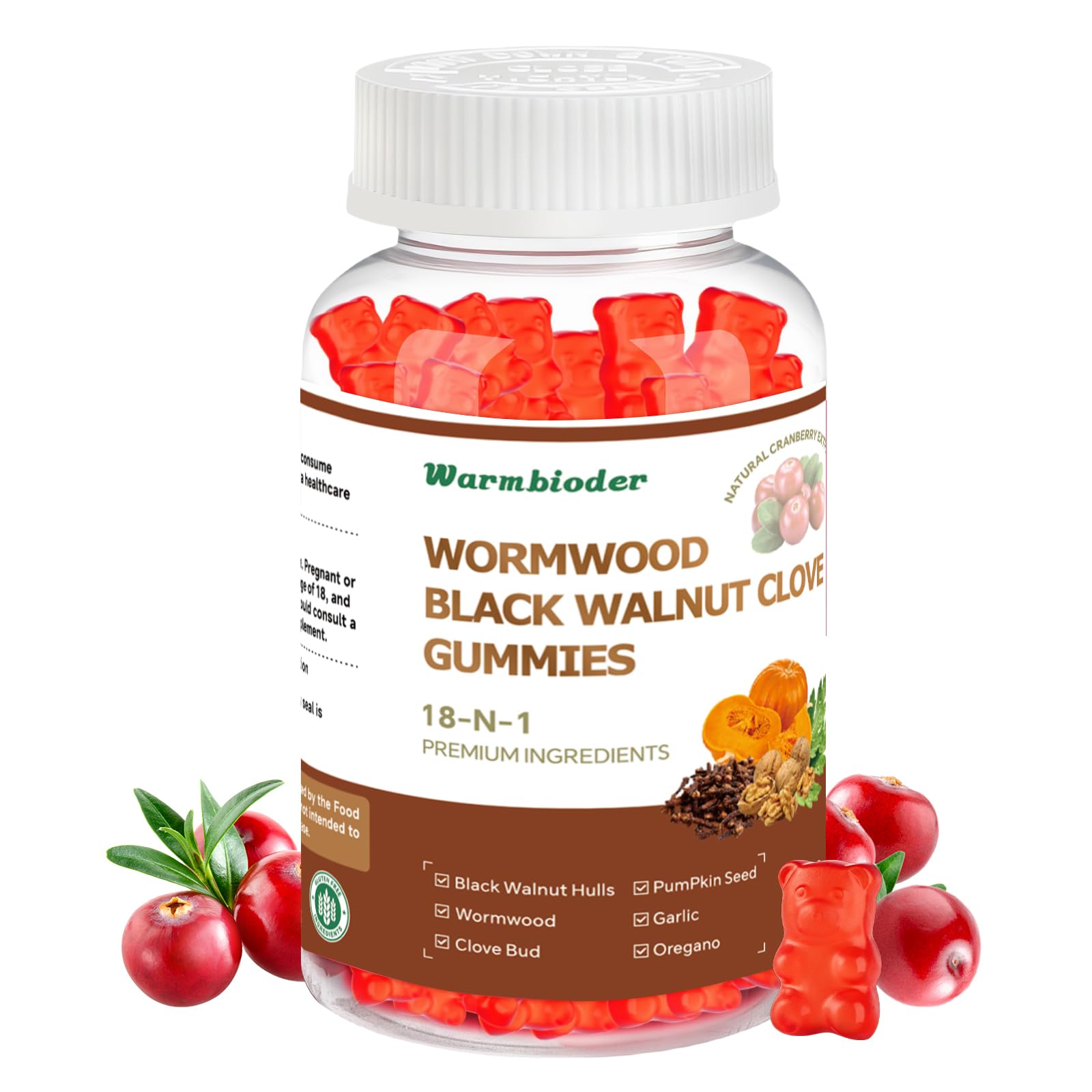 Warmbioder 18-in-1 Wormwood Black Walnut Clove Gummies for Adults, Liver Support with Pumpkin Seed Oil, Digestive Health, 60 Gummies